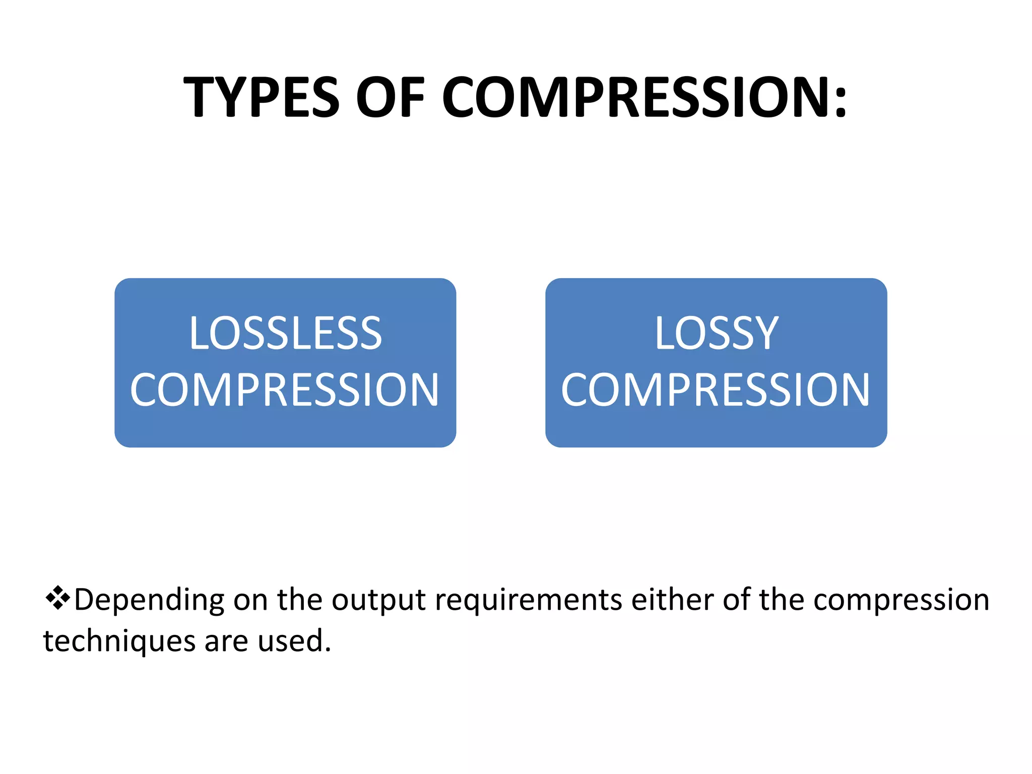 TYPES OF COMPRESSION:
LOSSLESS
COMPRESSION
LOSSY
COMPRESSION
Depending on the output requirements either of the compression
techniques are used.
 