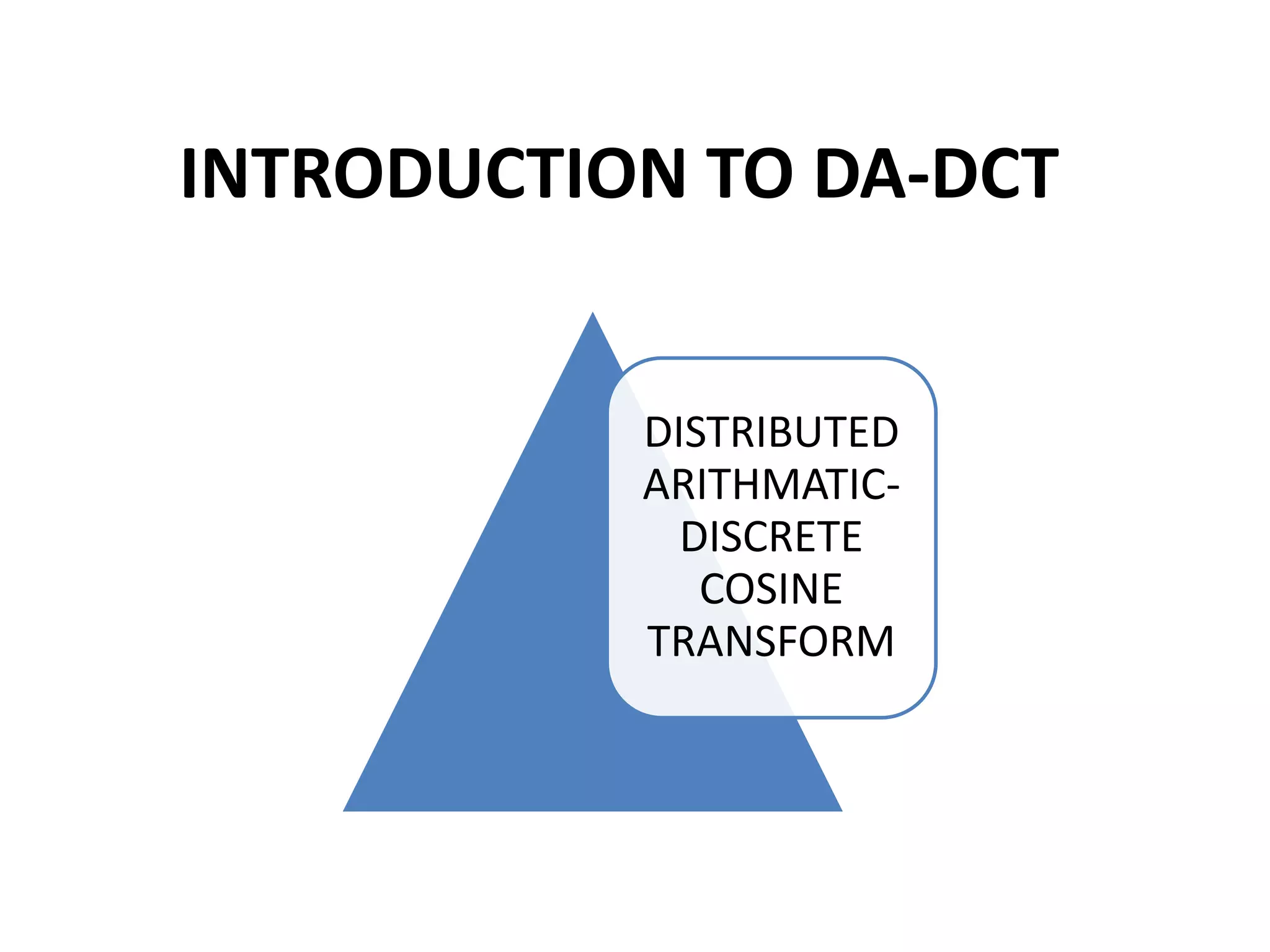 INTRODUCTION TO DA-DCT
DISTRIBUTED
ARITHMATIC-
DISCRETE
COSINE
TRANSFORM
 