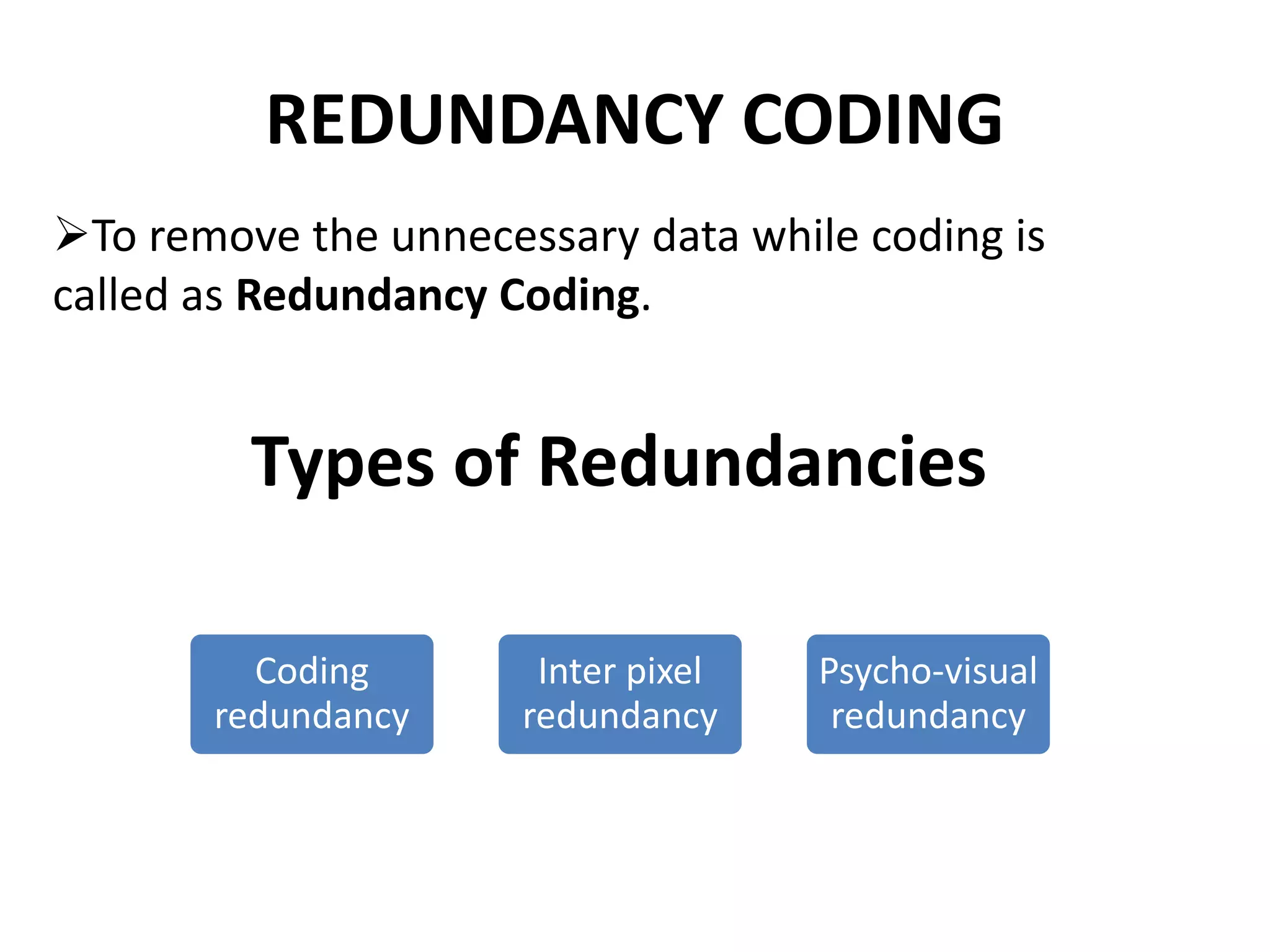 REDUNDANCY CODING
To remove the unnecessary data while coding is
called as Redundancy Coding.
Types of Redundancies
Coding
redundancy
Inter pixel
redundancy
Psycho-visual
redundancy
 