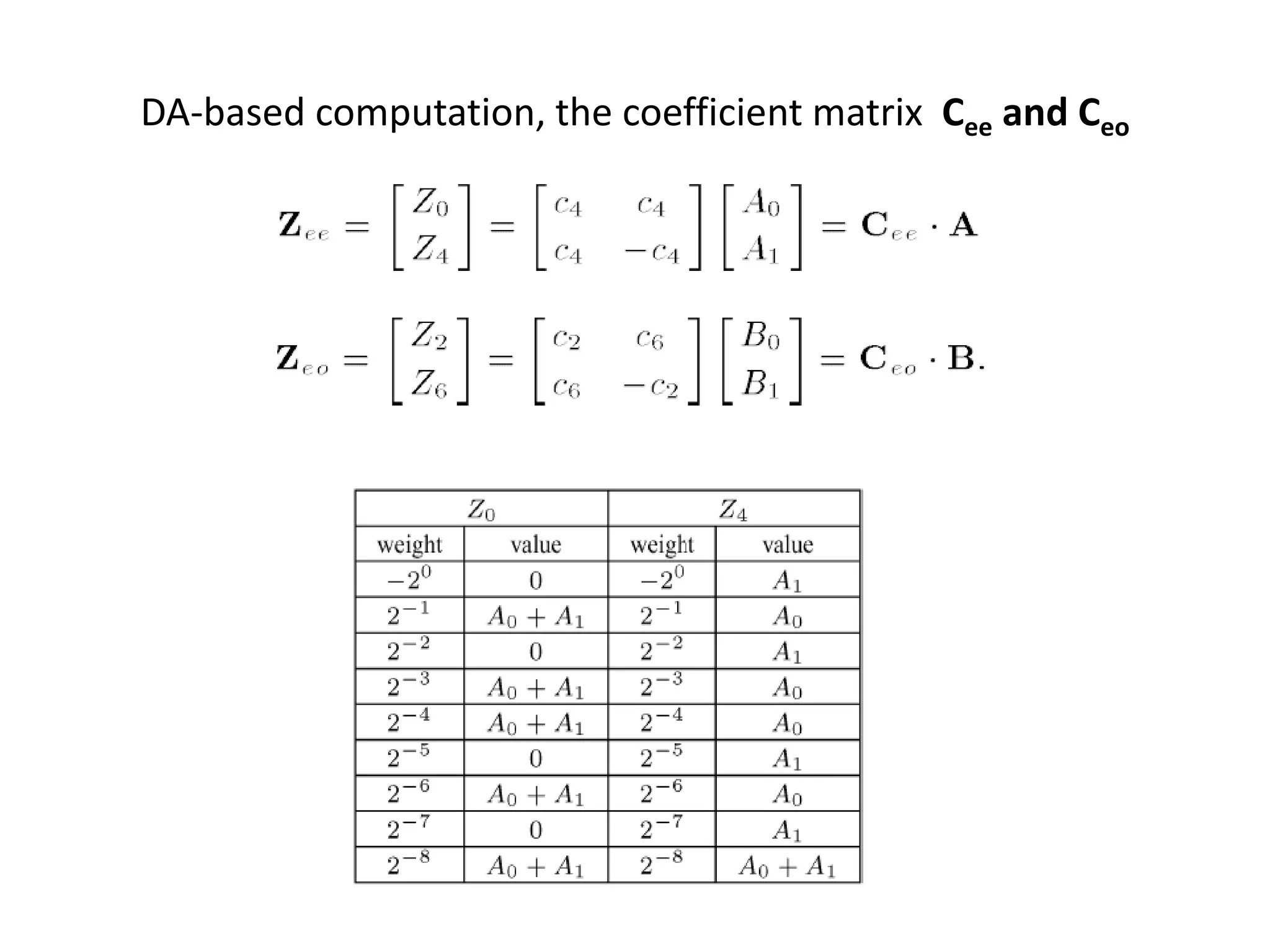 DA-based computation, the coefficient matrix Cee and Ceo
 