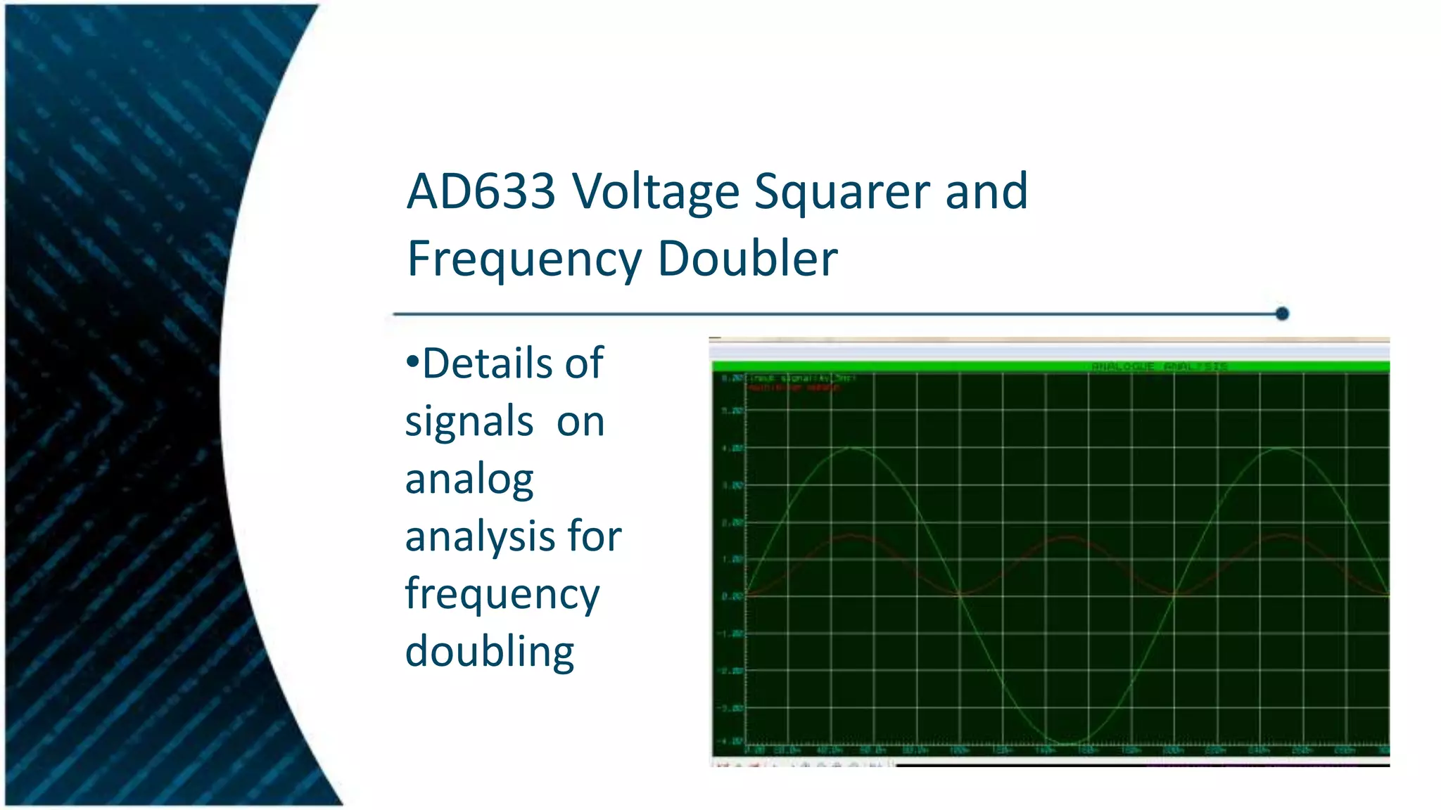 AD633 Voltage Squarer and
Frequency Doubler
•Details of
signals on
analog
analysis for
frequency
doubling

 