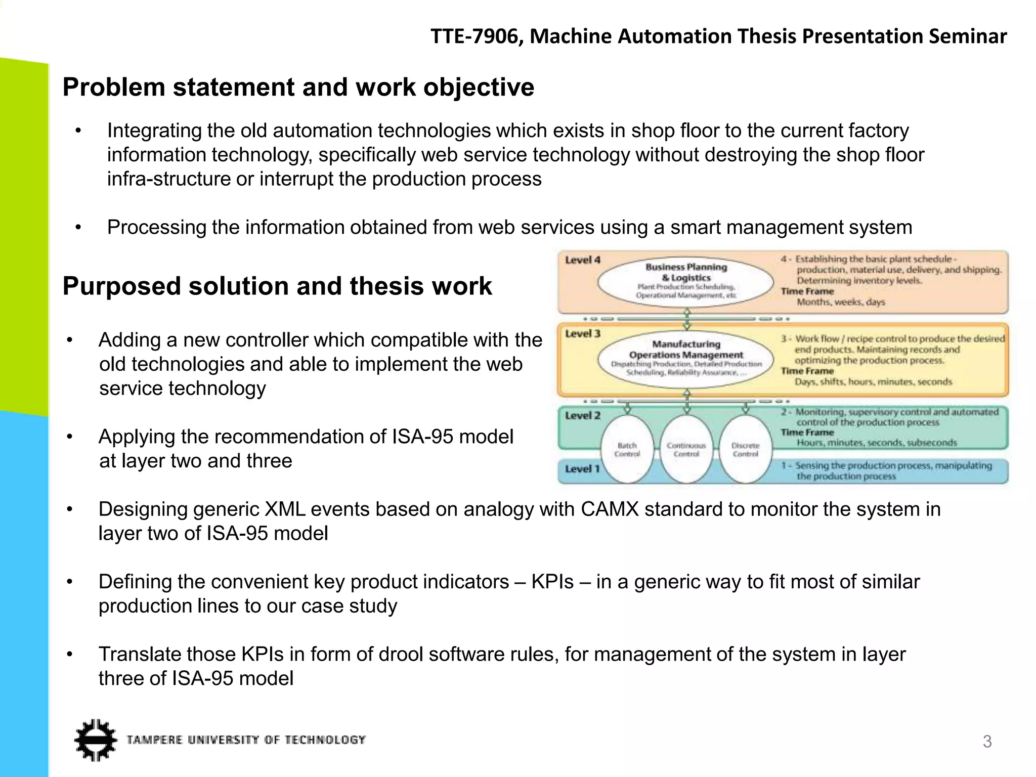 TTE-7906, Machine Automation Thesis Presentation Seminar

Problem statement and work objective
    •   Integrating the old automation technologies which exists in shop floor to the current factory
        information technology, specifically web service technology without destroying the shop floor
        infra-structure or interrupt the production process

    •   Processing the information obtained from web services using a smart management system


Purposed solution and thesis work

•       Adding a new controller which compatible with the
        old technologies and able to implement the web
        service technology

•       Applying the recommendation of ISA-95 model
        at layer two and three

•       Designing generic XML events based on analogy with CAMX standard to monitor the system in
        layer two of ISA-95 model

•       Defining the convenient key product indicators – KPIs – in a generic way to fit most of similar
        production lines to our case study

•       Translate those KPIs in form of drool software rules, for management of the system in layer
        three of ISA-95 model


                                                                                                          3
 