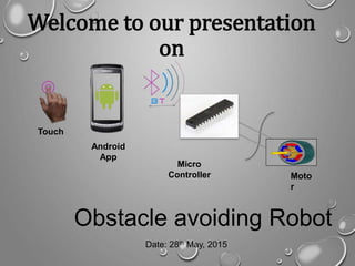 Welcome to our presentation
on
Touch
Android
App
Micro
Controller Moto
r
Obstacle avoiding Robot
Date: 28th May, 2015
 