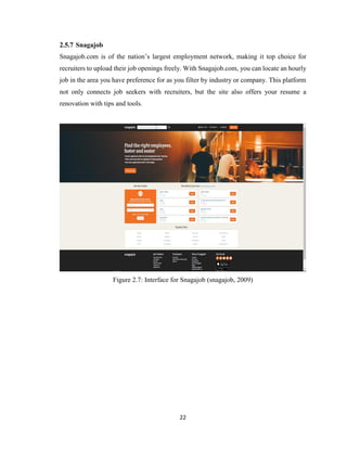 22
2.5.7 Snagajob
Snagajob.com is of the nation’s largest employment network, making it top choice for
recruiters to upload their job openings freely. With Snagajob.com, you can locate an hourly
job in the area you have preference for as you filter by industry or company. This platform
not only connects job seekers with recruiters, but the site also offers your resume a
renovation with tips and tools.
Figure 2.7: Interface for Snagajob (snagajob, 2009)
 