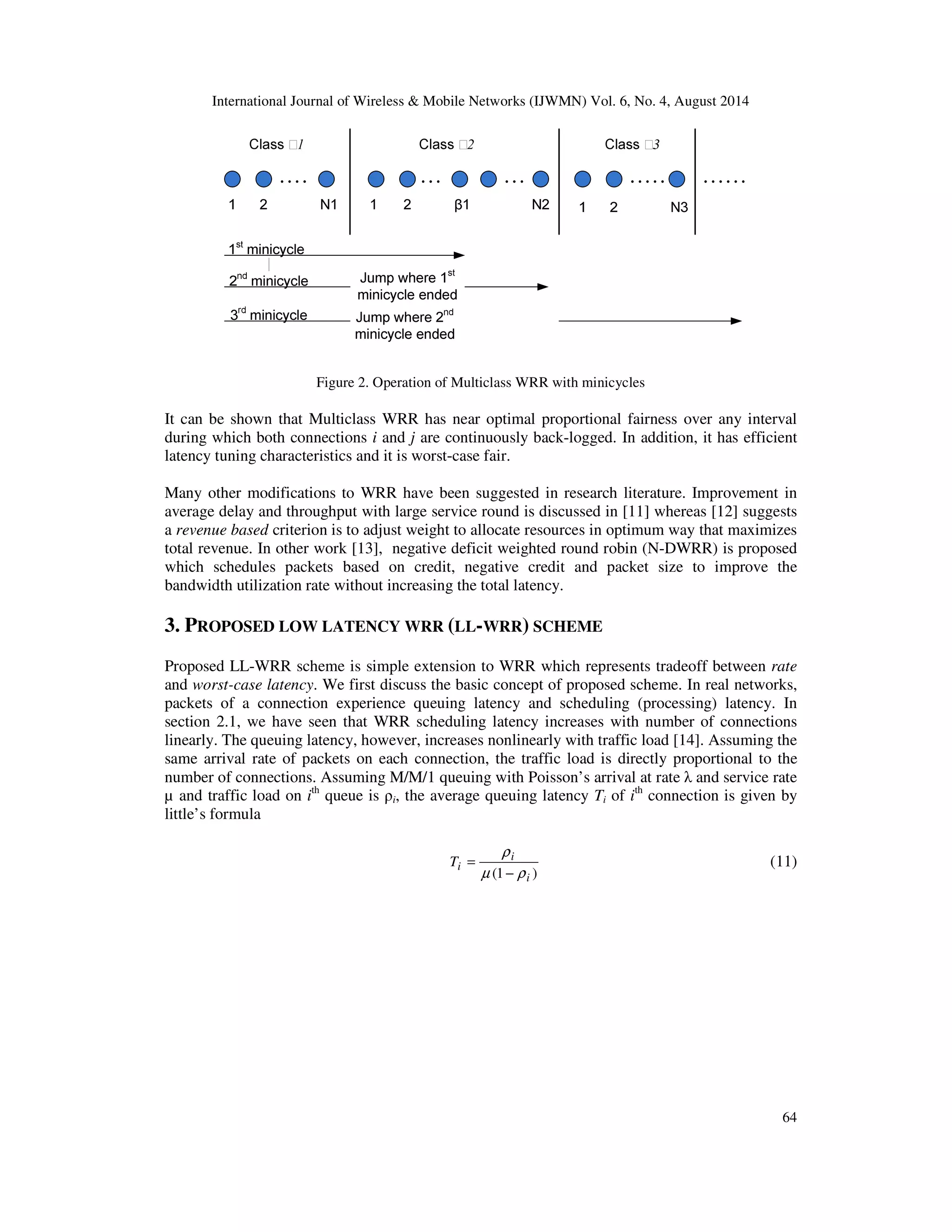 International Journal of Wireless  Mobile Networks (IJWMN) Vol. 6, No. 4, August 2014 
= (11) 
64 
Figure 2. Operation of Multiclass WRR with minicycles 
It can be shown that Multiclass WRR has near optimal proportional fairness over any interval 
during which both connections i and j are continuously back-logged. In addition, it has efficient 
latency tuning characteristics and it is worst-case fair. 
Many other modifications to WRR have been suggested in research literature. Improvement in 
average delay and throughput with large service round is discussed in [11] whereas [12] suggests 
a revenue based criterion is to adjust weight to allocate resources in optimum way that maximizes 
total revenue. In other work [13], negative deficit weighted round robin (N-DWRR) is proposed 
which schedules packets based on credit, negative credit and packet size to improve the 
bandwidth utilization rate without increasing the total latency. 
3. PROPOSED LOW LATENCY WRR (LL-WRR) SCHEME 
Proposed LL-WRR scheme is simple extension to WRR which represents tradeoff between rate 
and worst-case latency. We first discuss the basic concept of proposed scheme. In real networks, 
packets of a connection experience queuing latency and scheduling (processing) latency. In 
section 2.1, we have seen that WRR scheduling latency increases with number of connections 
linearly. The queuing latency, however, increases nonlinearly with traffic load [14]. Assuming the 
same arrival rate of packets on each connection, the traffic load is directly proportional to the 
number of connections. Assuming M/M/1 queuing with Poisson’s arrival at rate  and service rate 
μ and traffic load on ith queue is i, the average queuing latency Ti of ith connection is given by 
little’s formula 
r 
− 
i 
(1 i ) 
Ti 
μ r 
 