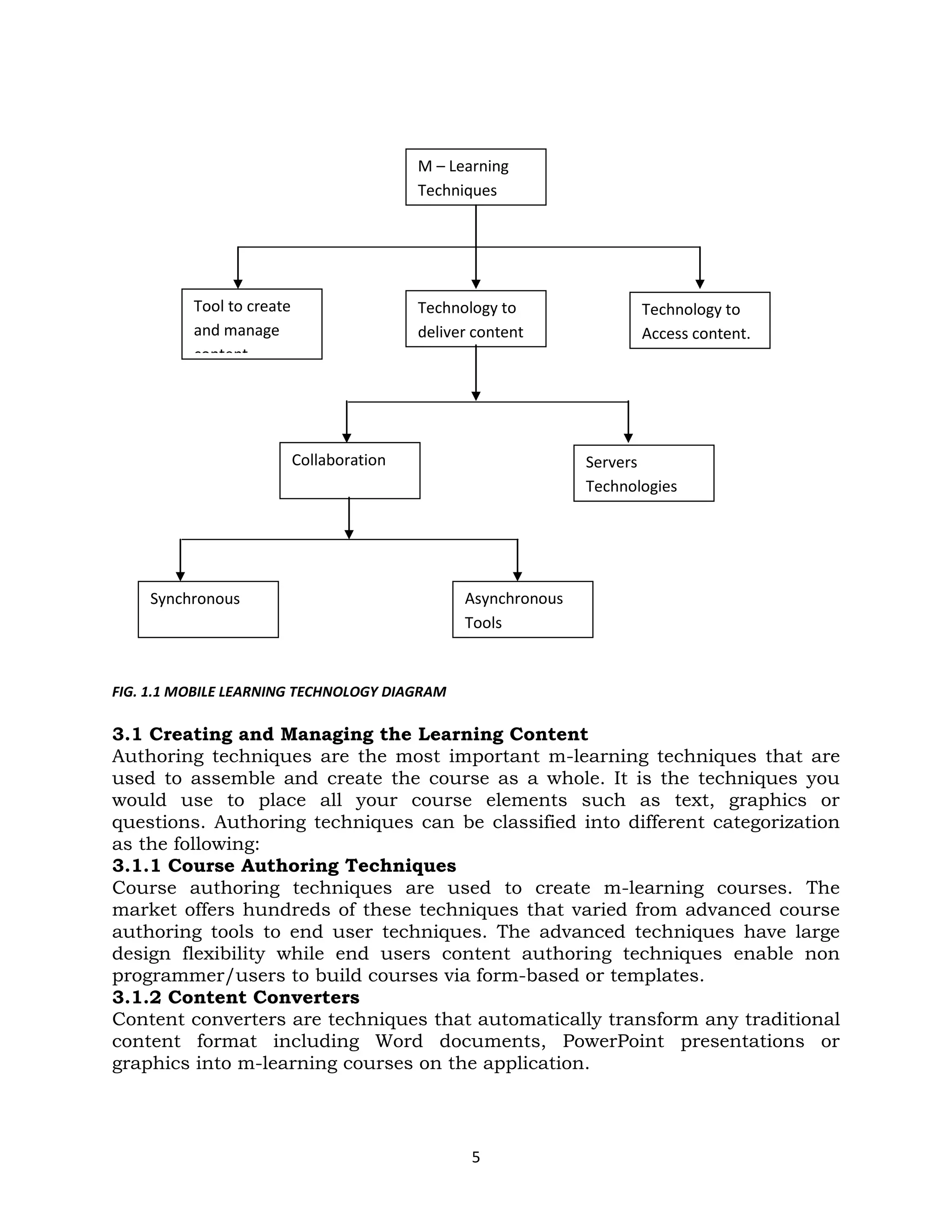M – Learning
                                             Techniques




            Tool to create                   Technology to               Technology to
            and manage                       deliver content             Access content.
            content.




                             Collaboration                        Servers
                                                                  Technologies
                             Technologies
                                                                  content.




    Synchronous                                    Asynchronous
                                                   Tools
    Tools


FIG. 1.1 MOBILE LEARNING TECHNOLOGY DIAGRAM

3.1 Creating and Managing the Learning Content
Authoring techniques are the most important m-learning techniques that are
used to assemble and create the course as a whole. It is the techniques you
would use to place all your course elements such as text, graphics or
questions. Authoring techniques can be classified into different categorization
as the following:
3.1.1 Course Authoring Techniques
Course authoring techniques are used to create m-learning courses. The
market offers hundreds of these techniques that varied from advanced course
authoring tools to end user techniques. The advanced techniques have large
design flexibility while end users content authoring techniques enable non
programmer/users to build courses via form-based or templates.
3.1.2 Content Converters
Content converters are techniques that automatically transform any traditional
content format including Word documents, PowerPoint presentations or
graphics into m-learning courses on the application.



                                                    5
 