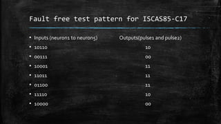 Fault free test pattern for ISCAS85-C17
▪ Inputs (neuron1 to neuron5) Outputs(pulse1 and pulse2)
▪ 10110 10
▪ 00111 00
▪ 10001 11
▪ 11011 11
▪ 01100 11
▪ 11110 10
▪ 10000 00
 