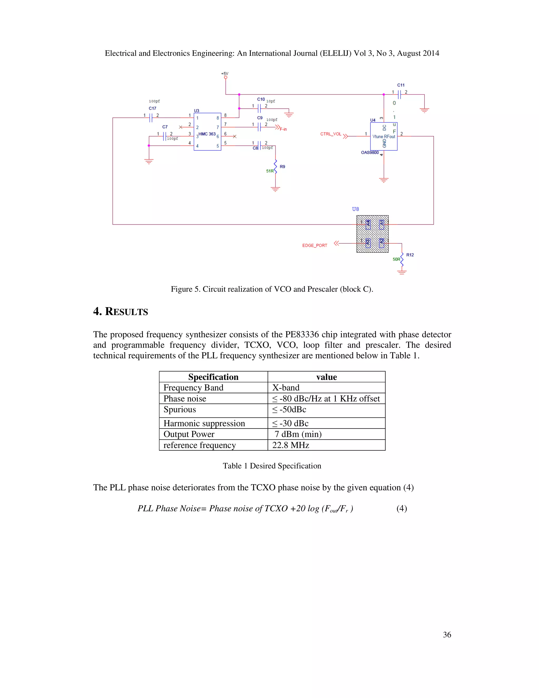 Electrical and Electronics Engineering: An International Journal (ELELIJ) Vol 3, No 3, August 2014 
36 
Figure 5. Circuit realization of VCO and Prescaler (block C). 
4. RESULTS 
The proposed frequency synthesizer consists of the PE83336 chip integrated with phase detector 
and programmable frequency divider, TCXO, VCO, loop filter and prescaler. The desired 
technical requirements of the PLL frequency synthesizer are mentioned below in Table 1. 
Specification value 
Frequency Band X-band 
Phase noise  -80 dBc/Hz at 1 KHz offset 
Spurious  -50dBc 
Harmonic suppression  -30 dBc 
Output Power 7 dBm (min) 
reference frequency 22.8 MHz 
Table 1 Desired Specification 
The PLL phase noise deteriorates from the TCXO phase noise by the given equation (4) 
PLL Phase Noise= Phase noise of TCXO +20 log (Fout/Fr ) (4) 
 