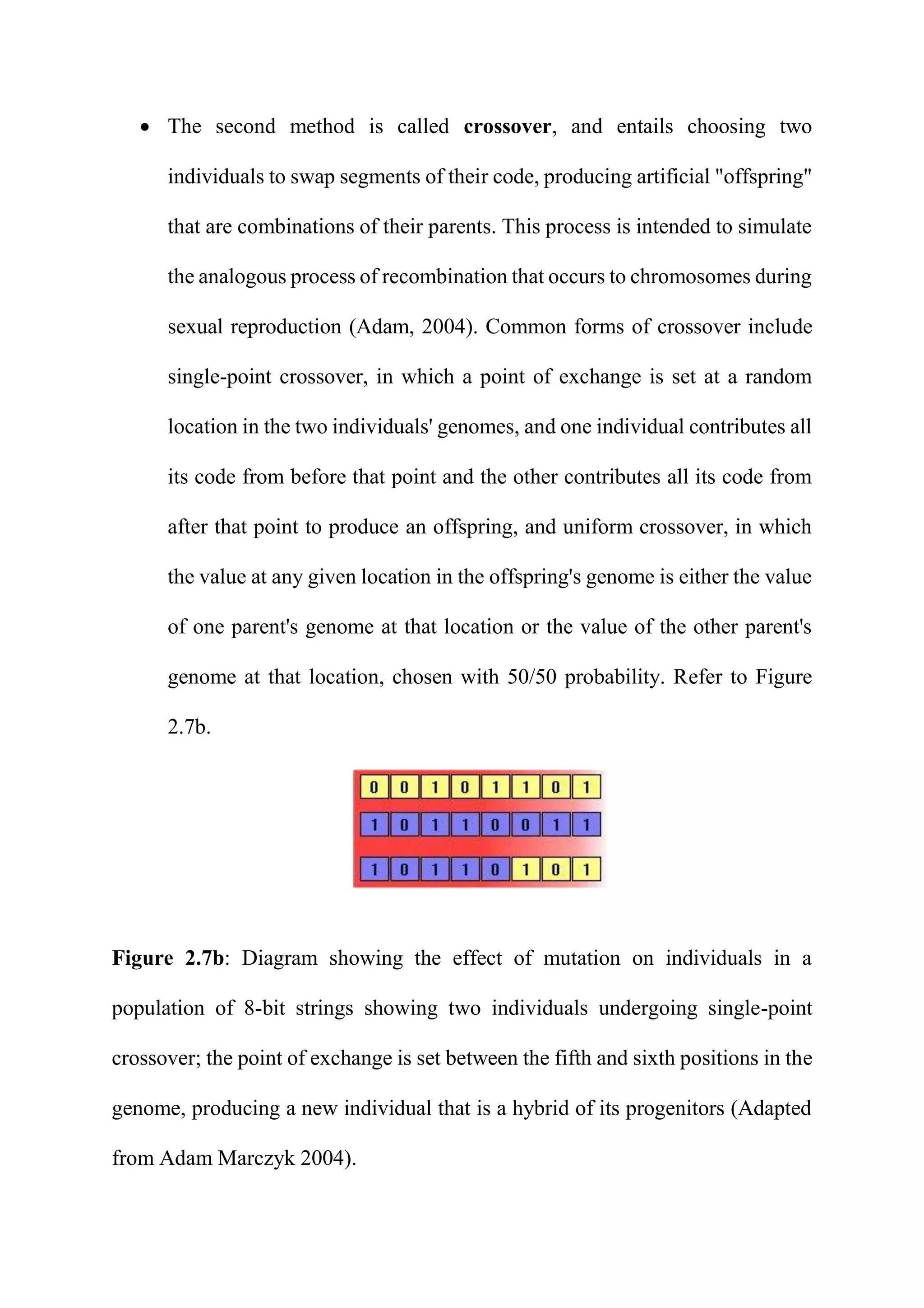  The second method is called crossover, and entails choosing two
individuals to swap segments of their code, producing artificial "offspring"
that are combinations of their parents. This process is intended to simulate
the analogous process of recombination that occurs to chromosomes during
sexual reproduction (Adam, 2004). Common forms of crossover include
single-point crossover, in which a point of exchange is set at a random
location in the two individuals' genomes, and one individual contributes all
its code from before that point and the other contributes all its code from
after that point to produce an offspring, and uniform crossover, in which
the value at any given location in the offspring's genome is either the value
of one parent's genome at that location or the value of the other parent's
genome at that location, chosen with 50/50 probability. Refer to Figure
2.7b.
Figure 2.7b: Diagram showing the effect of mutation on individuals in a
population of 8-bit strings showing two individuals undergoing single-point
crossover; the point of exchange is set between the fifth and sixth positions in the
genome, producing a new individual that is a hybrid of its progenitors (Adapted
from Adam Marczyk 2004).
 