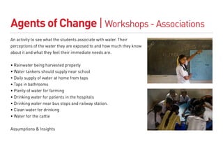 Agents of Change | Workshops - Associations
An activity to see what the students associate with water. Their
perceptions of the water they are exposed to and how much they know
about it and what they feel their immediate needs are.


• Rainwater being harvested properly
• Water tankers should supply near school
• Daily supply of water at home from taps
• Taps in bathrooms
• Plenty of water for farming
• Drinking water for patients in the hospitals
• Drinking water near bus stops and railway station.
• Clean water for drinking
• Water for the cattle


Assumptions & Insights
 