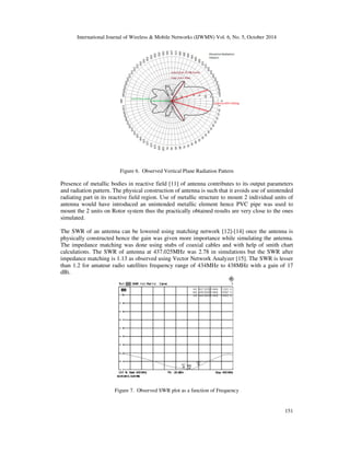 2 
 
2sin 
(3) 
Where is half power beam width of individual antenna unit [1]. The signals from antennas are 
combined together and fed to low noise amplifier for further amplification. 
The effective gain of an antenna array depends upon the stacking distance between the units of 
antenna. The optimum stacking distance for 2 unit array antenna obtained from (3) is 1.8. The 
stacking distance was varied from 0.5 to 3 and the graph of gain vs stacking distance is shown 
in Fig. 2. It was observed that the gain is maximum at stacking distance of 1.68 and on further 
increase in stacking distance no significant change in gain is observed. Hence the stacking 
distance of 1.68 i.e. 1.13m is optimum for the present configuration. 
Simulations were carried out for 2 unit and 4 unit array using 4NEC2 software and the results are 
summarized in Table II. Although the primary objective was to build a High gain antenna the 
losses due to coaxial cables and connectors also have to be considered. The gain obtained from 4 
unit cross Yagi antenna is increased but at a cost of physical stability of structure. 
Figure 2. Gain as a function of Stacking distance for 2 unit array antenna 
 