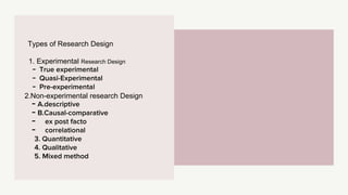Types of Research Design
1. Experimental Research Design
- True experimental
- Quasi-Experimental
- Pre-experimental
2.Non-experimental research Design
- A.descriptive
- B.Causal-comparative
- ex post facto
- correlational
3. Quantitative
4. Qualitative
5. Mixed method
 