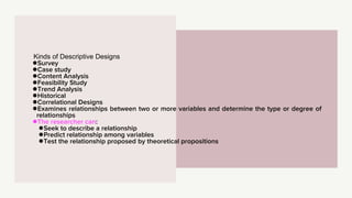 Kinds of Descriptive Designs
●Survey
●Case study
●Content Analysis
●Feasibility Study
●Trend Analysis
●Historical
●Correlational Designs
●Examines relationships between two or more variables and determine the type or degree of
relationships
●The researcher can:
●Seek to describe a relationship
●Predict relationship among variables
●Test the relationship proposed by theoretical propositions
 