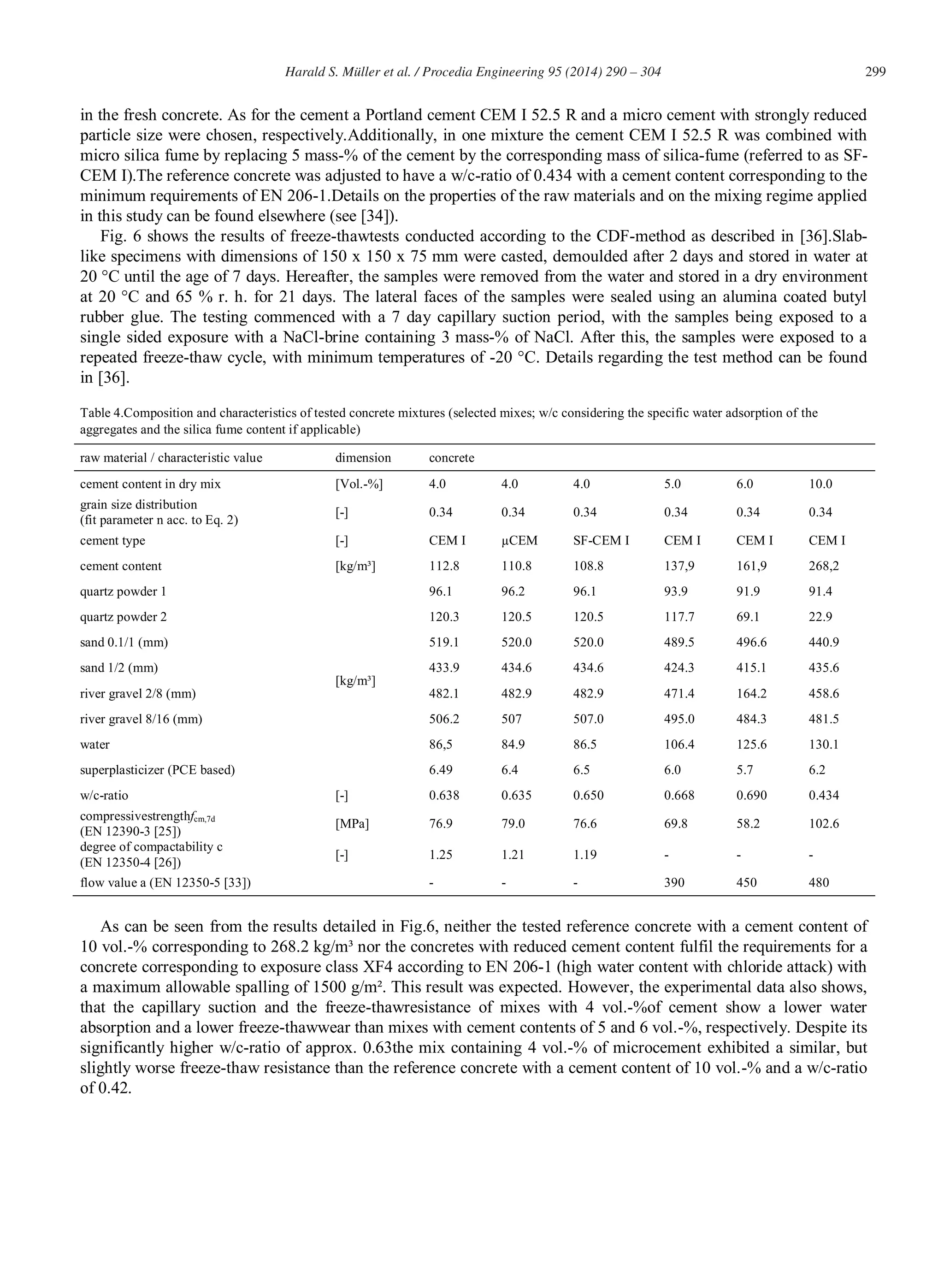 299Harald S. Müller et al. / Procedia Engineering 95 (2014) 290 – 304
in the fresh concrete. As for the cement a Portland cement CEM I 52.5 R and a micro cement with strongly reduced
particle size were chosen, respectively.Additionally, in one mixture the cement CEM I 52.5 R was combined with
micro silica fume by replacing 5 mass-% of the cement by the corresponding mass of silica-fume (referred to as SF-
CEM I).The reference concrete was adjusted to have a w/c-ratio of 0.434 with a cement content corresponding to the
minimum requirements of EN 206-1.Details on the properties of the raw materials and on the mixing regime applied
in this study can be found elsewhere (see [34]).
Fig. 6 shows the results of freeze-thawtests conducted according to the CDF-method as described in [36].Slab-
like specimens with dimensions of 150 x 150 x 75 mm were casted, demoulded after 2 days and stored in water at
20 °C until the age of 7 days. Hereafter, the samples were removed from the water and stored in a dry environment
at 20 °C and 65 % r. h. for 21 days. The lateral faces of the samples were sealed using an alumina coated butyl
rubber glue. The testing commenced with a 7 day capillary suction period, with the samples being exposed to a
single sided exposure with a NaCl-brine containing 3 mass-% of NaCl. After this, the samples were exposed to a
repeated freeze-thaw cycle, with minimum temperatures of -20 °C. Details regarding the test method can be found
in [36].
Table 4.Composition and characteristics of tested concrete mixtures (selected mixes; w/c considering the specific water adsorption of the
aggregates and the silica fume content if applicable)
raw material / characteristic value dimension concrete
cement content in dry mix [Vol.-%] 4.0 4.0 4.0 5.0 6.0 10.0
grain size distribution
(fit parameter n acc. to Eq. 2)
[-] 0.34 0.34 0.34 0.34 0.34 0.34
cement type [-] CEM I μCEM SF-CEM I CEM I CEM I CEM I
cement content [kg/m³] 112.8 110.8 108.8 137,9 161,9 268,2
quartz powder 1
[kg/m³]
96.1 96.2 96.1 93.9 91.9 91.4
quartz powder 2 120.3 120.5 120.5 117.7 69.1 22.9
sand 0.1/1 (mm) 519.1 520.0 520.0 489.5 496.6 440.9
sand 1/2 (mm) 433.9 434.6 434.6 424.3 415.1 435.6
river gravel 2/8 (mm) 482.1 482.9 482.9 471.4 164.2 458.6
river gravel 8/16 (mm) 506.2 507 507.0 495.0 484.3 481.5
water 86,5 84.9 86.5 106.4 125.6 130.1
superplasticizer (PCE based) 6.49 6.4 6.5 6.0 5.7 6.2
w/c-ratio [-] 0.638 0.635 0.650 0.668 0.690 0.434
compressivestrengthfcm,7d
(EN 12390-3 [25])
[MPa] 76.9 79.0 76.6 69.8 58.2 102.6
degree of compactability c
(EN 12350-4 [26])
[-] 1.25 1.21 1.19 - - -
flow value a (EN 12350-5 [33]) - - - 390 450 480
As can be seen from the results detailed in Fig.6, neither the tested reference concrete with a cement content of
10 vol.-% corresponding to 268.2 kg/m³ nor the concretes with reduced cement content fulfil the requirements for a
concrete corresponding to exposure class XF4 according to EN 206-1 (high water content with chloride attack) with
a maximum allowable spalling of 1500 g/m². This result was expected. However, the experimental data also shows,
that the capillary suction and the freeze-thawresistance of mixes with 4 vol.-%of cement show a lower water
absorption and a lower freeze-thawwear than mixes with cement contents of 5 and 6 vol.-%, respectively. Despite its
significantly higher w/c-ratio of approx. 0.63the mix containing 4 vol.-% of microcement exhibited a similar, but
slightly worse freeze-thaw resistance than the reference concrete with a cement content of 10 vol.-% and a w/c-ratio
of 0.42.
 