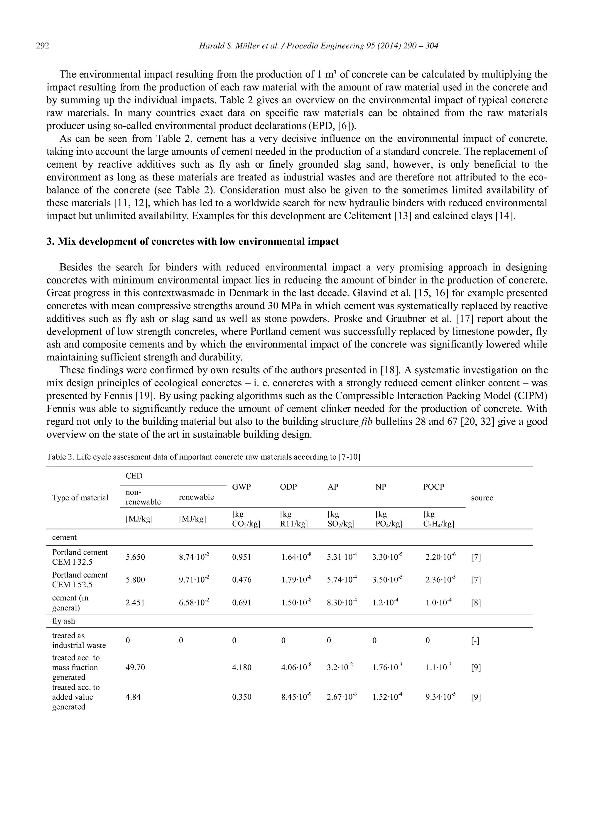 292 Harald S. Müller et al. / Procedia Engineering 95 (2014) 290 – 304
The environmental impact resulting from the production of 1 m³ of concrete can be calculated by multiplying the
impact resulting from the production of each raw material with the amount of raw material used in the concrete and
by summing up the individual impacts. Table 2 gives an overview on the environmental impact of typical concrete
raw materials. In many countries exact data on specific raw materials can be obtained from the raw materials
producer using so-called environmental product declarations (EPD, [6]).
As can be seen from Table 2, cement has a very decisive influence on the environmental impact of concrete,
taking into account the large amounts of cement needed in the production of a standard concrete. The replacement of
cement by reactive additives such as fly ash or finely grounded slag sand, however, is only beneficial to the
environment as long as these materials are treated as industrial wastes and are therefore not attributed to the eco-
balance of the concrete (see Table 2). Consideration must also be given to the sometimes limited availability of
these materials [11, 12], which has led to a worldwide search for new hydraulic binders with reduced environmental
impact but unlimited availability. Examples for this development are Celitement [13] and calcined clays [14].
3. Mix development of concretes with low environmental impact
Besides the search for binders with reduced environmental impact a very promising approach in designing
concretes with minimum environmental impact lies in reducing the amount of binder in the production of concrete.
Great progress in this contextwasmade in Denmark in the last decade. Glavind et al. [15, 16] for example presented
concretes with mean compressive strengths around 30 MPa in which cement was systematically replaced by reactive
additives such as fly ash or slag sand as well as stone powders. Proske and Graubner et al. [17] report about the
development of low strength concretes, where Portland cement was successfully replaced by limestone powder, fly
ash and composite cements and by which the environmental impact of the concrete was significantly lowered while
maintaining sufficient strength and durability.
These findings were confirmed by own results of the authors presented in [18]. A systematic investigation on the
mix design principles of ecological concretes – i. e. concretes with a strongly reduced cement clinker content – was
presented by Fennis [19]. By using packing algorithms such as the Compressible Interaction Packing Model (CIPM)
Fennis was able to significantly reduce the amount of cement clinker needed for the production of concrete. With
regard not only to the building material but also to the building structure fib bulletins 28 and 67 [20, 32] give a good
overview on the state of the art in sustainable building design.
Table 2. Life cycle assessment data of important concrete raw materials according to [7-10]
Type of material
CED
GWP ODP AP NP POCP
source
non-
renewable
renewable
[MJ/kg] [MJ/kg]
[kg
CO2/kg]
[kg
R11/kg]
[kg
SO2/kg]
[kg
PO4/kg]
[kg
C2H4/kg]
cement
Portland cement
CEM I 32.5
5.650 8.74∙10-2
0.951 1.64∙10-8
5.31∙10-4
3.30∙10-5
2.20∙10-6
[7]
Portland cement
CEM I 52.5
5.800 9.71∙10-2
0.476 1.79∙10-8
5.74∙10-4
3.50∙10-5
2.36∙10-5
[7]
cement (in
general)
2.451 6.58∙10-2
0.691 1.50∙10-8
8.30∙10-4
1.2∙10-4
1.0∙10-4
[8]
fly ash
treated as
industrial waste
0 0 0 0 0 0 0 [-]
treated acc. to
mass fraction
generated
49.70 4.180 4.06∙10-8
3.2∙10-2
1.76∙10-3
1.1∙10-3
[9]
treated acc. to
added value
generated
4.84 0.350 8.45∙10-9
2.67∙10-3
1.52∙10-4
9.34∙10-5
[9]
 