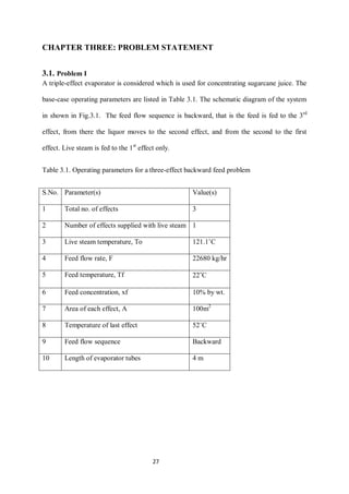 27 
CHAPTER THREE: PROBLEM STATEMENT 
3.1. Problem I 
A triple-effect evaporator is considered which is used for concentrating sugarcane juice. The base-case operating parameters are listed in Table 3.1. The schematic diagram of the system in shown in Fig.3.1. The feed flow sequence is backward, that is the feed is fed to the 3rd effect, from there the liquor moves to the second effect, and from the second to the first effect. Live steam is fed to the 1st effect only. 
Table 3.1. Operating parameters for a three-effect backward feed problem 
S.No. 
Parameter(s) 
Value(s) 
1 
Total no. of effects 
3 
2 
Number of effects supplied with live steam 
1 
3 
Live steam temperature, To 
121.1˚C 
4 
Feed flow rate, F 
22680 kg/hr 
5 
Feed temperature, Tf 
22˚C 
6 
Feed concentration, xf 
10% by wt. 
7 
Area of each effect, A 
100m2 
8 
Temperature of last effect 
52˚C 
9 
Feed flow sequence 
Backward 
10 
Length of evaporator tubes 
4 m 
 