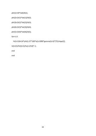 69 
phi(1)=V0*lat0/A(1); 
phi(2)=[V(1)*lat(1)]/A(2); 
phi(3)=[V(2)*lat(2)]/A(3); 
phi(4)=[V(3)*lat(3)]/A(4); 
phi(5)=[V(4)*lat(4)]/A(5); 
fori=1:5 
hi(i)=218+24*phi(i)-37*100*x(i)+1090*gamma(i)+32*[T(i)+bpe(i)]; 
U(i)=[(1/hi(i))+(1/ho)+1/hd]^-1; 
end 
end 
 