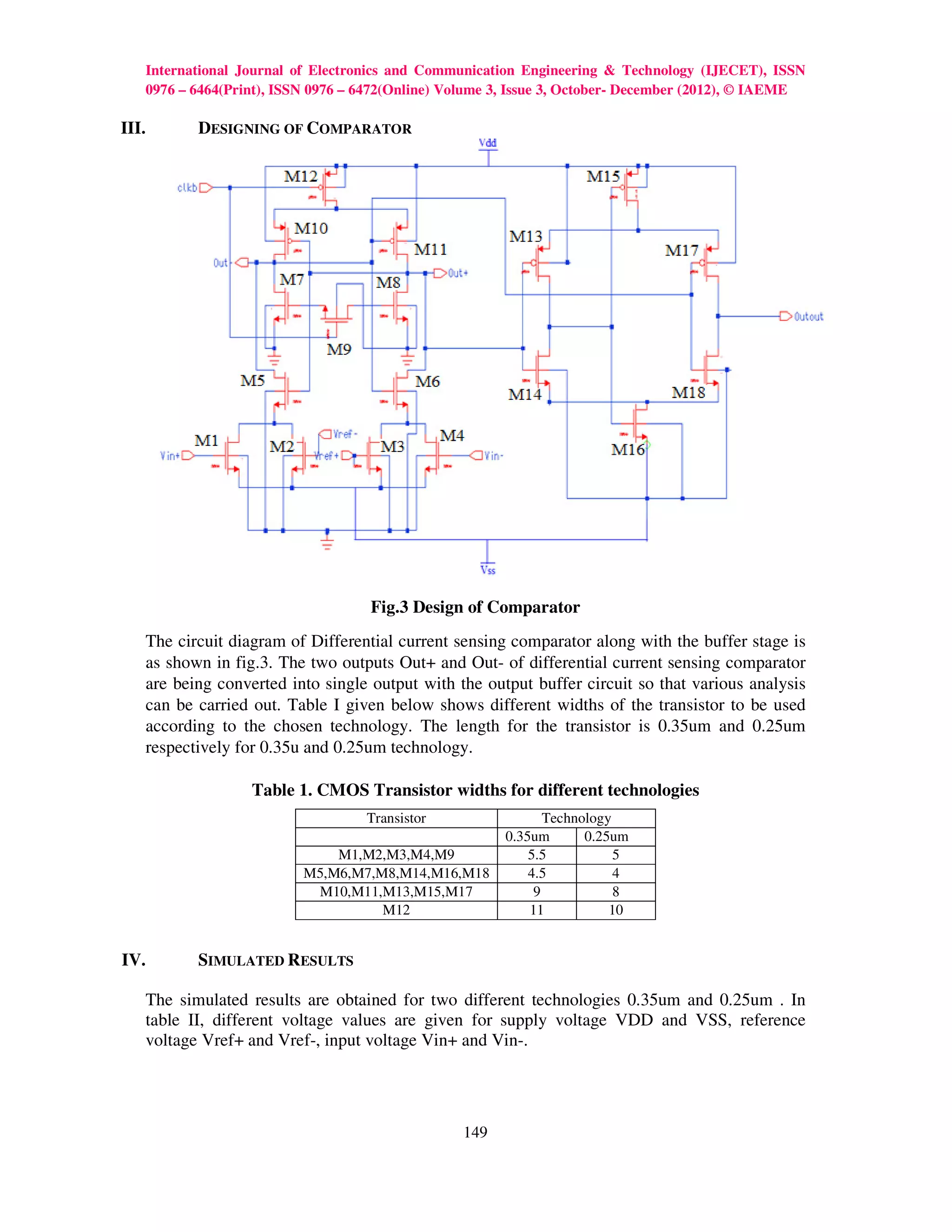 International Journal of Electronics and Communication Engineering & Technology (IJECET), ISSN
   0976 – 6464(Print), ISSN 0976 – 6472(Online) Volume 3, Issue 3, October- December (2012), © IAEME

III.      DESIGNING OF COMPARATOR




                                    Fig.3 Design of Comparator
   The circuit diagram of Differential current sensing comparator along with the buffer stage is
   as shown in fig.3. The two outputs Out+ and Out- of differential current sensing comparator
   are being converted into single output with the output buffer circuit so that various analysis
   can be carried out. Table I given below shows different widths of the transistor to be used
   according to the chosen technology. The length for the transistor is 0.35um and 0.25um
   respectively for 0.35u and 0.25um technology.

                  Table 1. CMOS Transistor widths for different technologies
                                   Transistor                 Technology
                                                       0.35um       0.25um
                              M1,M2,M3,M4,M9               5.5           5
                          M5,M6,M7,M8,M14,M16,M18          4.5           4
                           M10,M11,M13,M15,M17              9            8
                                    M12                    11           10


IV.       SIMULATED RESULTS

   The simulated results are obtained for two different technologies 0.35um and 0.25um . In
   table II, different voltage values are given for supply voltage VDD and VSS, reference
   voltage Vref+ and Vref-, input voltage Vin+ and Vin-.




                                                 149
 