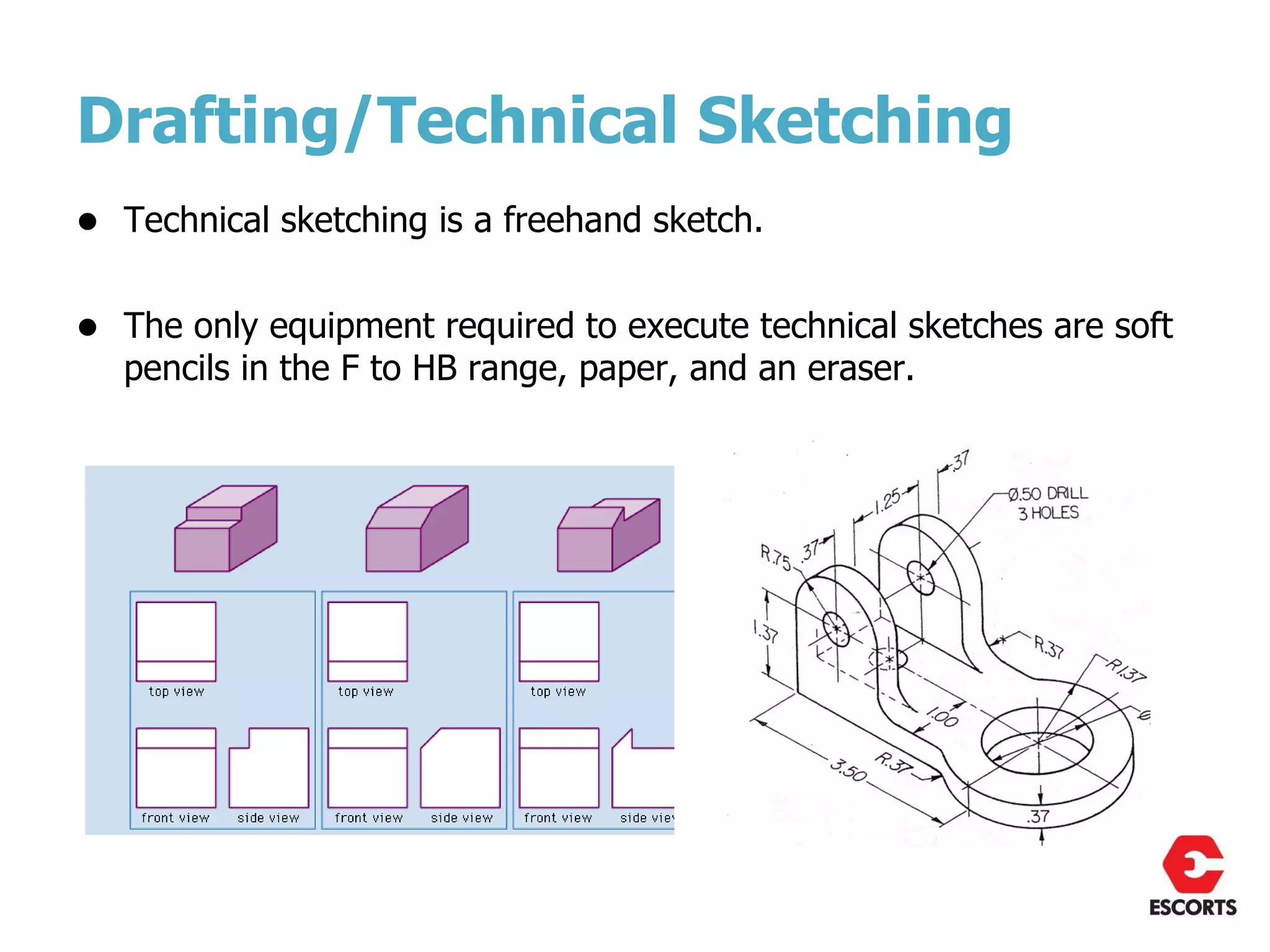 Drafting/Technical Sketching
•   Technical sketching is a freehand sketch.


•   The only equipment required to execute technical sketches are soft
    pencils in the F to HB range, paper, and an eraser.
 
