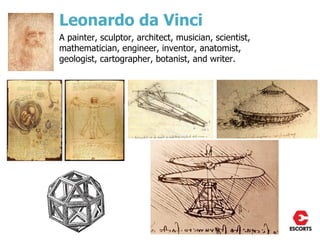 Leonardo da Vinci
A painter, sculptor, architect, musician, scientist,
mathematician, engineer, inventor, anatomist,
geologist, cartographer, botanist, and writer.
 
