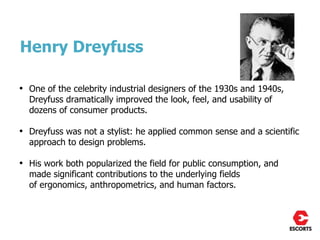 Henry Dreyfuss

• One of the celebrity industrial designers of the 1930s and 1940s,
  Dreyfuss dramatically improved the look, feel, and usability of
  dozens of consumer products.

• Dreyfuss was not a stylist: he applied common sense and a scientific
  approach to design problems.

• His work both popularized the field for public consumption, and
  made significant contributions to the underlying fields
  of ergonomics, anthropometrics, and human factors.
 