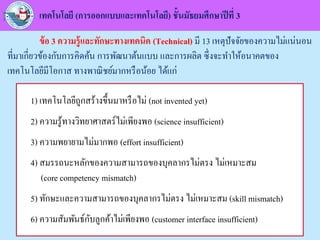 เทคโนโลยี (การออกแบบและเทคโนโลยี) ชั้นมัธยมศึกษาปีที่ 3
ข้อ 3 ความรู้และทักษะทางเทคนิค (Technical) มี 13 เหตุปัจจัยของความไม่แน่นอน
ที่มาเกี่ยวข้องกับการคิดค้น การพัฒนาต้นแบบ และการผลิต ซึ่งจะทาให้อนาคตของ
เทคโนโลยีมีโอกาส ทางพาณิชย์มากหรือน้อย ได้แก่
1) เทคโนโลยีถูกสร้างขึ้นมาหรือไม่ (not invented yet)
2) ความรู้ทางวิทยาศาสตร์ไม่เพียงพอ (science insufficient)
3) ความพยายามไม่มากพอ (effort insufficient)
4) สมรรถนะหลักของความสามารถของบุคลากรไม่ตรง ไม่เหมาะสม
(core competency mismatch)
5) ทักษะและความสามารถของบุคลากรไม่ตรง ไม่เหมาะสม (skill mismatch)
6) ความสัมพันธ์กับลูกค้าไม่เพียงพอ (customer interface insufficient)
 