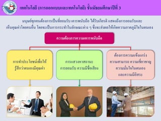 เทคโนโลยี (การออกแบบและเทคโนโลยี) ชั้นมัธยมศึกษาปีที่ 3
ความต้องการความเคารพนับถือ
การทาประโยชน์เพื่อให้
รู้สึกว่าตนเองมีคุณค่า
การแสวงหาสถานะ
การยอมรับ ความมีชื่อเสียง
ต้องการความแข็งแกร่ง
ความสามารถ ความเชี่ยวชาญ
ความมั่นใจในตนเอง
และความมีอิสระ
มนุษย์ทุกคนต้องการเป็นที่ยอมรับ เคารพนับถือ ได้รับเกียรติ แสดงถึงการยอมรับและ
เห็นคุณค่าโดยคนอื่น โดยจะเป็นการกระทาในลักษณะต่าง ๆ ซึ่งจะส่งผลให้เกิดความภาคภูมิใจในตนเอง
 