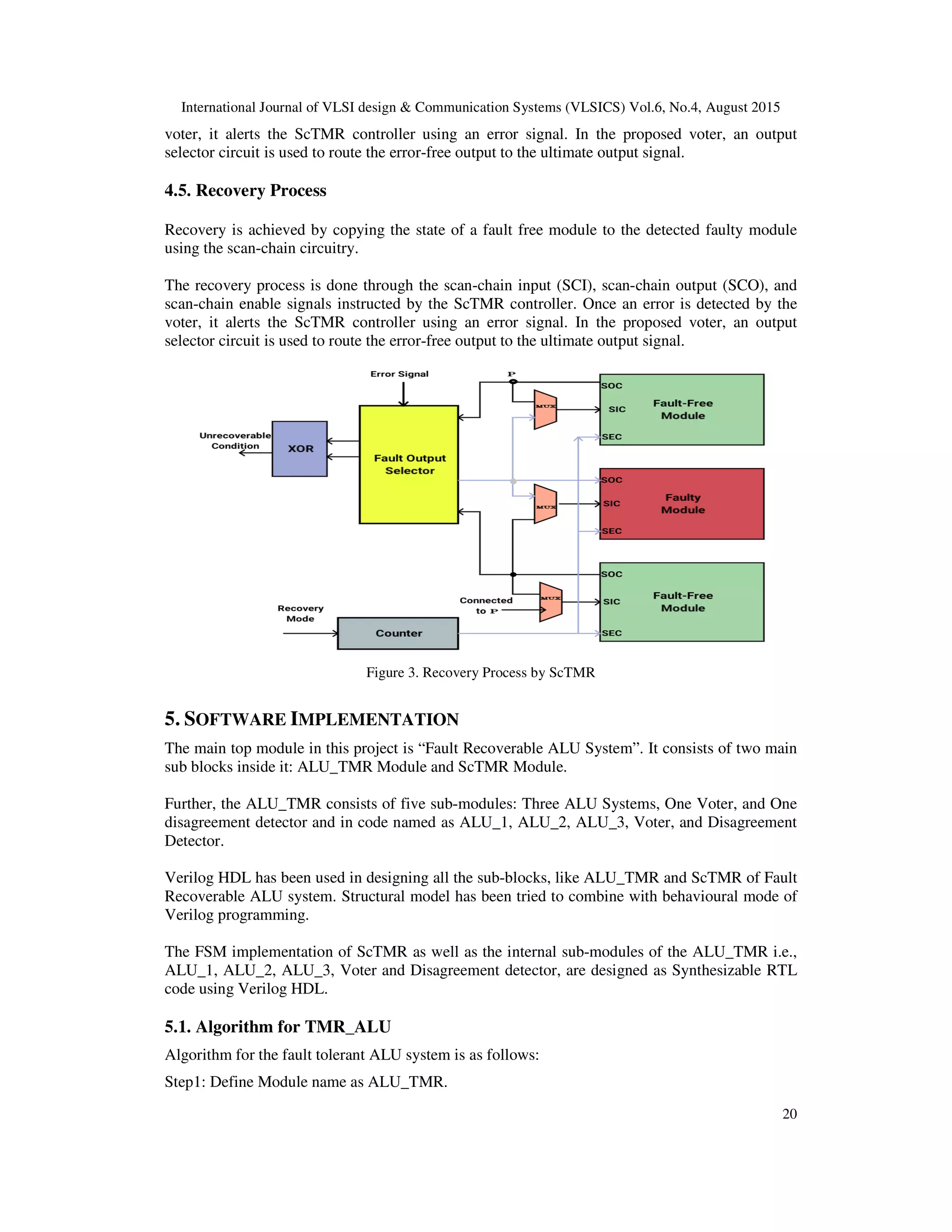 International Journal of VLSI design & Communication Systems (VLSICS) Vol.6, No.4, August 2015
20
voter, it alerts the ScTMR controller using an error signal. In the proposed voter, an output
selector circuit is used to route the error-free output to the ultimate output signal.
4.5. Recovery Process
Recovery is achieved by copying the state of a fault free module to the detected faulty module
using the scan-chain circuitry.
The recovery process is done through the scan-chain input (SCI), scan-chain output (SCO), and
scan-chain enable signals instructed by the ScTMR controller. Once an error is detected by the
voter, it alerts the ScTMR controller using an error signal. In the proposed voter, an output
selector circuit is used to route the error-free output to the ultimate output signal.
Figure 3. Recovery Process by ScTMR
5. SOFTWARE IMPLEMENTATION
The main top module in this project is “Fault Recoverable ALU System”. It consists of two main
sub blocks inside it: ALU_TMR Module and ScTMR Module.
Further, the ALU_TMR consists of five sub-modules: Three ALU Systems, One Voter, and One
disagreement detector and in code named as ALU_1, ALU_2, ALU_3, Voter, and Disagreement
Detector.
Verilog HDL has been used in designing all the sub-blocks, like ALU_TMR and ScTMR of Fault
Recoverable ALU system. Structural model has been tried to combine with behavioural mode of
Verilog programming.
The FSM implementation of ScTMR as well as the internal sub-modules of the ALU_TMR i.e.,
ALU_1, ALU_2, ALU_3, Voter and Disagreement detector, are designed as Synthesizable RTL
code using Verilog HDL.
5.1. Algorithm for TMR_ALU
Algorithm for the fault tolerant ALU system is as follows:
Step1: Define Module name as ALU_TMR.
 