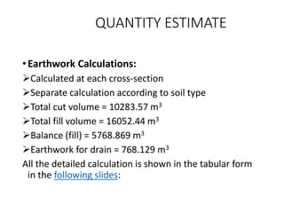 QUANTITY ESTIMATE
•Earthwork Calculations:
Calculated at each cross-section
Separate calculation according to soil type
Total cut volume = 10283.57 m3
Total fill volume = 16052.44 m3
Balance (fill) = 5768.869 m3
Earthwork for drain = 768.129 m3
All the detailed calculation is shown in the tabular form
in the following slides:
 