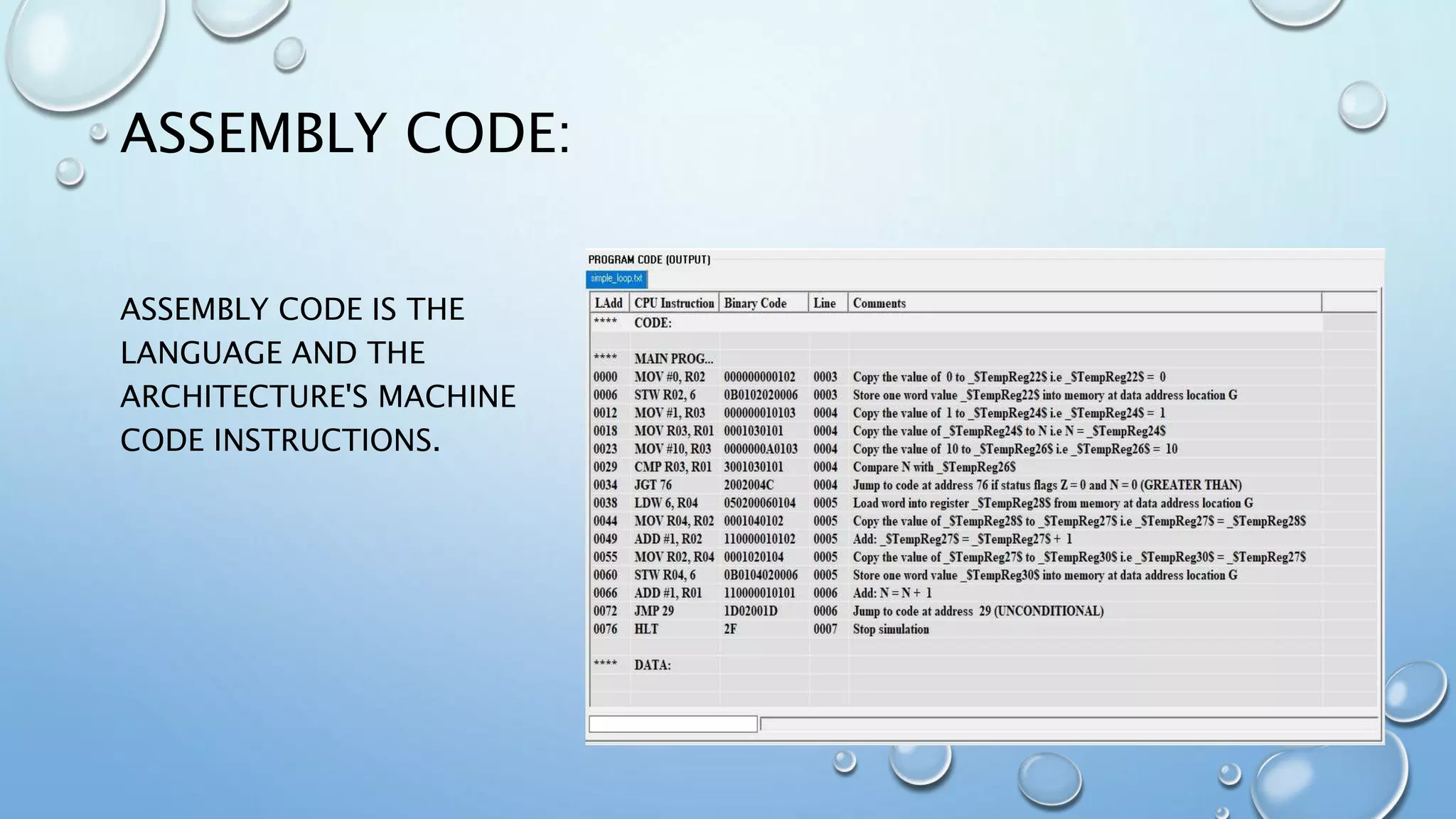 ASSEMBLY CODE:
ASSEMBLY CODE IS THE
LANGUAGE AND THE
ARCHITECTURE'S MACHINE
CODE INSTRUCTIONS.
 