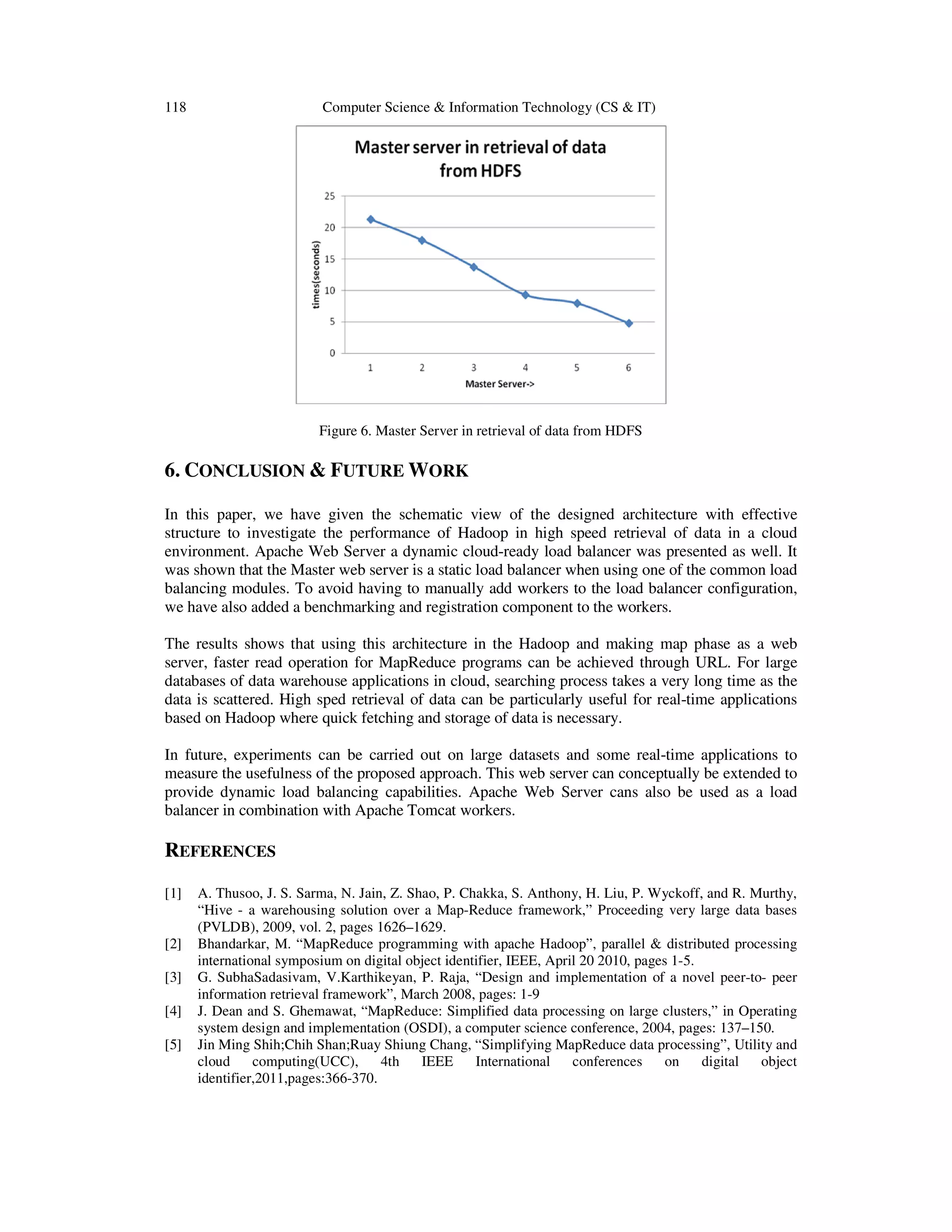 118 Computer Science & Information Technology (CS & IT) Figure 6. Master Server in retrieval of data from HDFS 6. CONCLUSION & FUTURE WORK In this paper, we have given the schematic view of the designed architecture with effective structure to investigate the performance of Hadoop in high speed retrieval of data in a cloud environment. Apache Web Server a dynamic cloud-ready load balancer was presented as well. It was shown that the Master web server is a static load balancer when using one of the common load balancing modules. To avoid having to manually add workers to the load balancer configuration, we have also added a benchmarking and registration component to the workers. The results shows that using this architecture in the Hadoop and making map phase as a web server, faster read operation for MapReduce programs can be achieved through URL. For large databases of data warehouse applications in cloud, searching process takes a very long time as the data is scattered. High sped retrieval of data can be particularly useful for real-time applications based on Hadoop where quick fetching and storage of data is necessary. In future, experiments can be carried out on large datasets and some real-time applications to measure the usefulness of the proposed approach. This web server can conceptually be extended to provide dynamic load balancing capabilities. Apache Web Server cans also be used as a load balancer in combination with Apache Tomcat workers. REFERENCES [1] A. Thusoo, J. S. Sarma, N. Jain, Z. Shao, P. Chakka, S. Anthony, H. Liu, P. Wyckoff, and R. Murthy, “Hive - a warehousing solution over a Map-Reduce framework,” Proceeding very large data bases (PVLDB), 2009, vol. 2, pages 1626–1629. [2] Bhandarkar, M. “MapReduce programming with apache Hadoop”, parallel & distributed processing international symposium on digital object identifier, IEEE, April 20 2010, pages 1-5. [3] G. SubhaSadasivam, V.Karthikeyan, P. Raja, “Design and implementation of a novel peer-to- peer information retrieval framework”, March 2008, pages: 1-9 [4] J. Dean and S. Ghemawat, “MapReduce: Simplified data processing on large clusters,” in Operating system design and implementation (OSDI), a computer science conference, 2004, pages: 137–150. [5] Jin Ming Shih;Chih Shan;Ruay Shiung Chang, “Simplifying MapReduce data processing”, Utility and cloud computing(UCC), 4th IEEE International conferences on digital object identifier,2011,pages:366-370. 