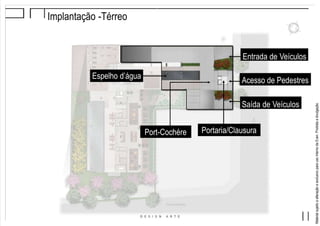 MaterialsujeitoaalteraçãoeexclusivoparausointernodaEven.Proibidaadivulgação.
Implantação -Térreo
Entrada de Veículos
Acesso de Pedestres
Saída de Veículos
Portaria/ClausuraPort-Cochére
Espelho d’água
 