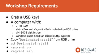 Workshop Requirements 
● Grab a USB key! 
● A computer with: 
○ 2+GB RAM 
○ VirtualBox and Vagrant - Both included on USB drive 
○ VM: 30GB disk image 
○ Windows users need ssh client (putty, cygwin) 
● Copy “DesignateInstall” from USB drive 
● cd DesignateInstall 
● vagrant up 
● vagrant ssh 
 
