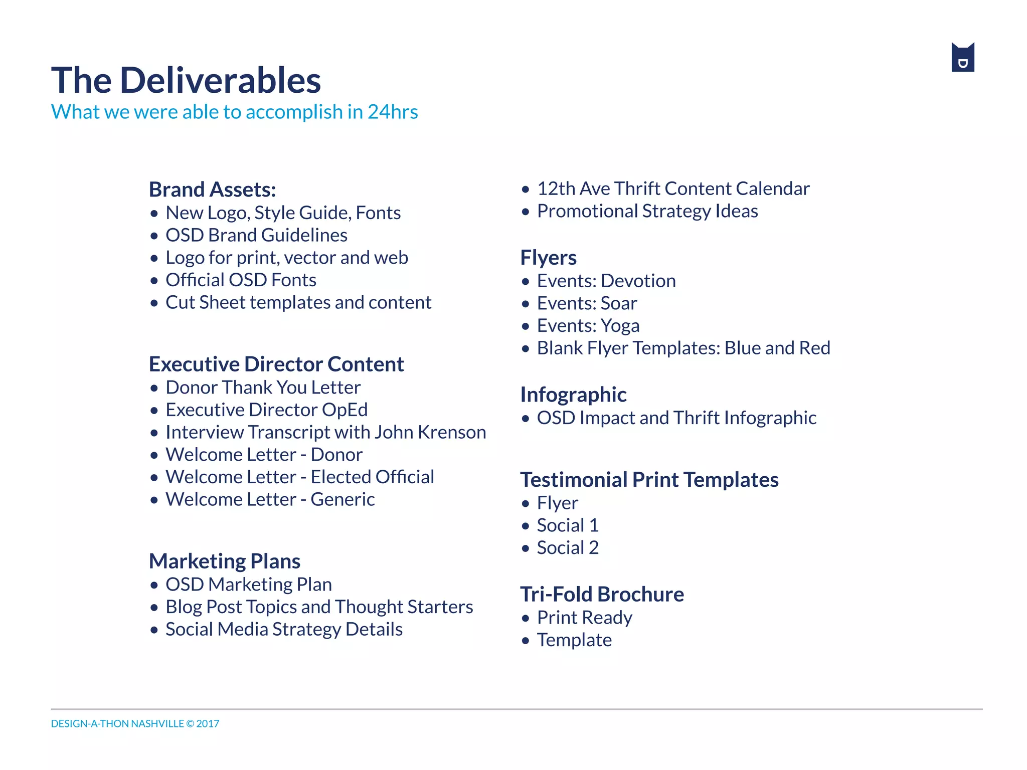 DESIGN-A-THON NASHVILLE © 2017
The Deliverables
What we were able to accomplish in 24hrs
Brand Assets:
•	New Logo, Style Guide, Fonts
•	OSD Brand Guidelines
•	Logo for print, vector and web
•	Official OSD Fonts
•	Cut Sheet templates and content
Executive Director Content
•	Donor Thank You Letter
•	Executive Director OpEd
•	Interview Transcript with John Krenson
•	Welcome Letter - Donor
•	Welcome Letter - Elected Official
•	Welcome Letter - Generic
Marketing Plans
•	OSD Marketing Plan
•	Blog Post Topics and Thought Starters
•	Social Media Strategy Details
•	12th Ave Thrift Content Calendar
•	Promotional Strategy Ideas
Flyers
•	Events: Devotion
•	Events: Soar
•	Events: Yoga
•	Blank Flyer Templates: Blue and Red
Infographic
•	OSD Impact and Thrift Infographic
Testimonial Print Templates
•	Flyer
•	Social 1
•	Social 2
Tri-Fold Brochure
•	Print Ready
•	Template
 