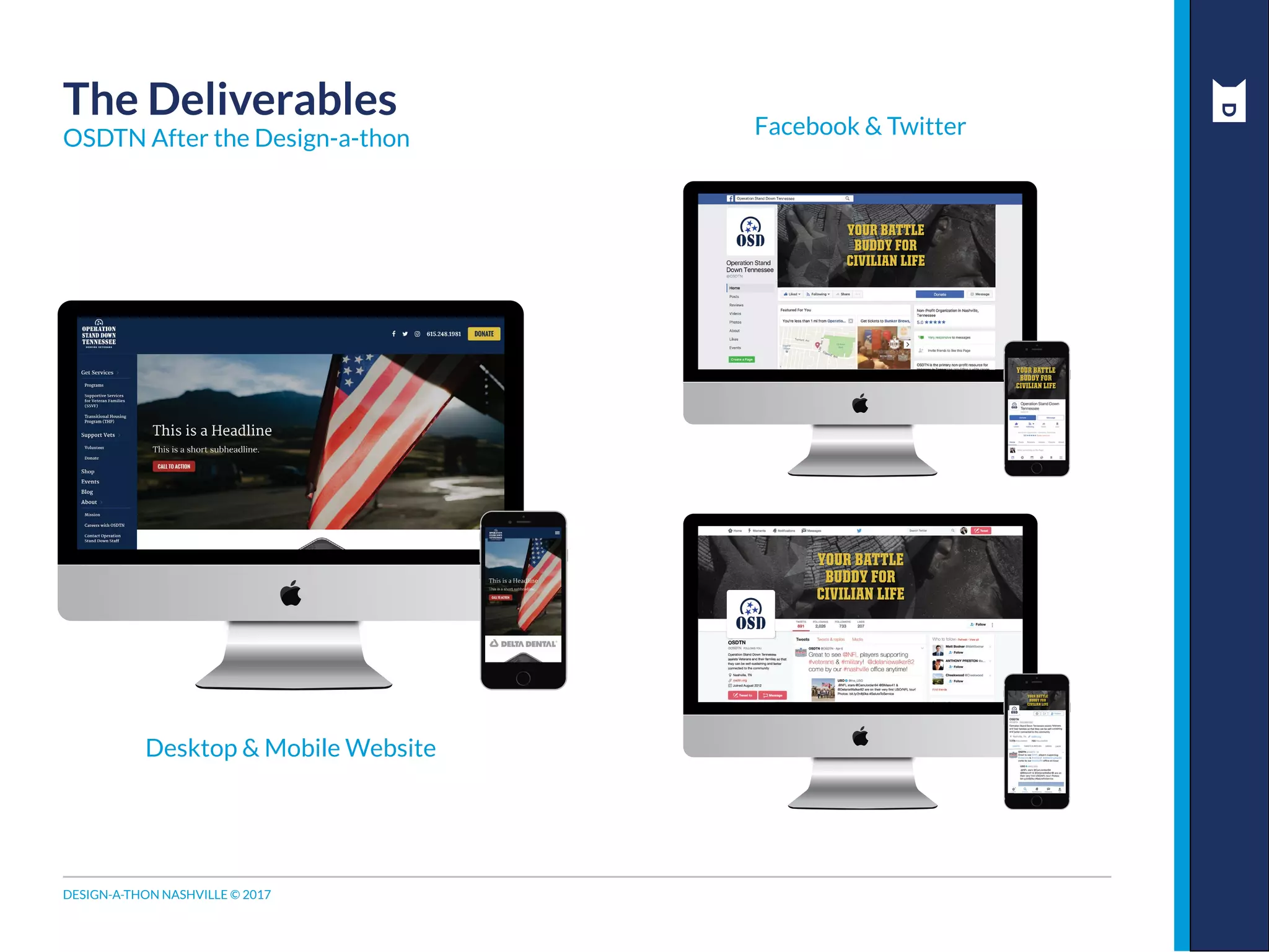 DESIGN-A-THON NASHVILLE © 2017
The Deliverables
OSDTN After the Design-a-thon
YOUR BATTLE
BUDDY FOR
CIVILIAN LIFE
YOUR BATTLE
BUDDY FOR
CIVILIAN LIFE
YOUR BATTLE
BUDDY FOR
CIVILIAN LIFE
YOUR BATTLE
BUDDY FOR
CIVILIAN LIFE
Desktop & Mobile Website
Facebook & Twitter
 