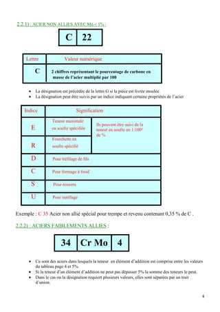 4
Indice Signification
Teneur maximale
E en soufre spécifiée
Fourchette en
R soufre spécifié
D Pour tréfilage de fils
C Pour formage à froid
S Pour ressorts
U Pour outillage
2.2.1) : ACIER NON ALLIES AVEC Mn < 1% :
• La désignation est précédée de la lettre G si la pièce est livrée moulée.
• La désignation peut être suivis par un indice indiquant certaine propriétés de l’acier
Exemple : C 35 Acier non allié spécial pour trempe et revenu contenant 0,35 % de C .
2.2.2) : ACIERS FAIBLEMENTS ALLIES :
• Ce sont des aciers dans lesquels la teneur en élément d’addition est comprise entre les valeurs
du tableau page 4 et 5%.
• Si la teneur d’un élément d’addition ne peut pas dépasser 5% la somme des teneurs le peut.
• Dans le cas ou la désignation requiert plusieurs valeurs, elles sont séparées par un trait
d’union.
Ils peuvent être suivi de la
teneur en soufre en 1/100°
de %
C 22
Lettre Valeur numérique
C 2 chiffres représentant le pourcentage de carbone en
masse de l’acier multiplié par 100
34 Cr Mo 4
 
