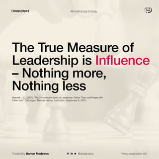 #letstalkdesignstrategy
The True Measure of
Leadership is Influence
– Nothing more,
Nothing less
Maxwell, J.C., (2007), “The 21 Irrefutable Laws of Leadership: Follow Them and People Will
Follow You”, 336 pages, Thomas Nelson; 2nd Edition (September 8, 2007)
Created by Itamar Medeiros www.designative.info
@designative
 