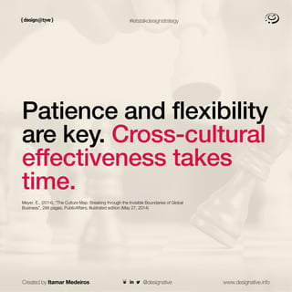 #letstalkdesignstrategy
Patience and flexibility
are key. Cross-cultural
effectiveness takes
time.
Meyer, E., (2014), “The Culture Map: Breaking through the Invisible Boundaries of Global
Business”, 288 pages, PublicAffairs; Illustrated edition (May 27, 2014)
Created by Itamar Medeiros www.designative.info
@designative
 