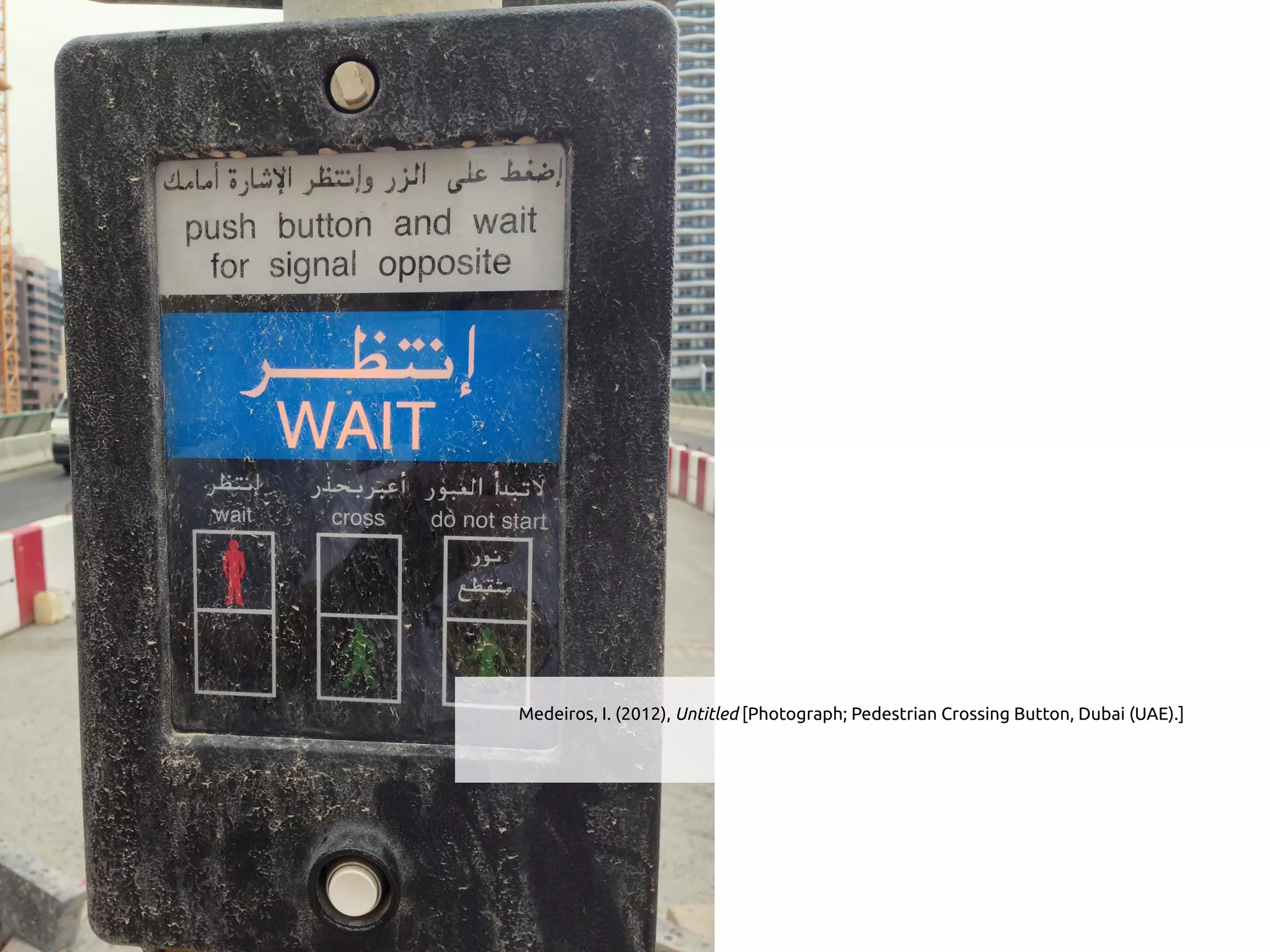 Medeiros, I. (2012), Untitled [Photograph; Pedestrian Crossing Button, Dubai (UAE).]
 