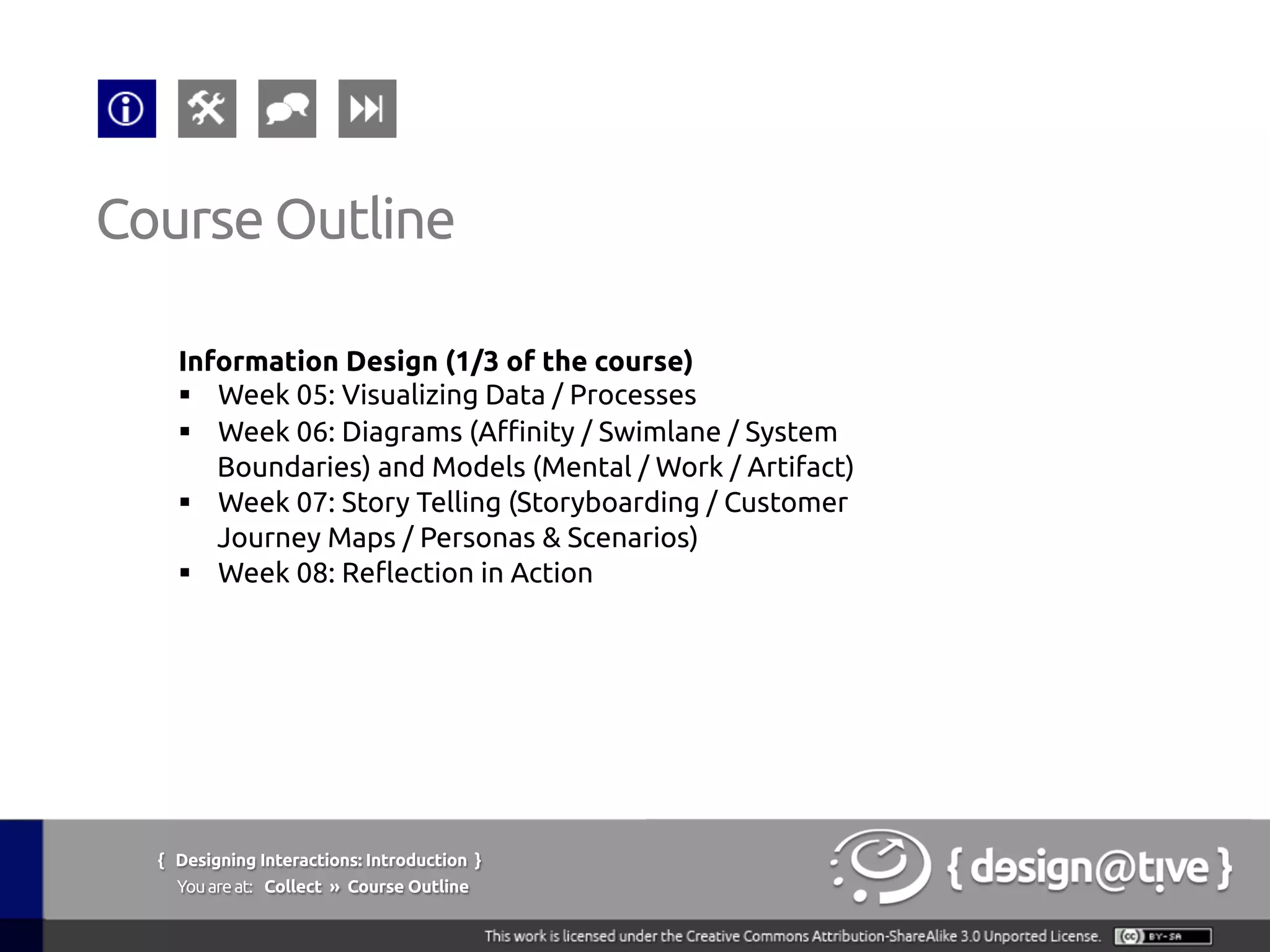 { Designing Interactions: Introduction }
Youareat: Collect » Course Outline
Course Outline
Design Thinking (1/3 of the course)
§  Week 01: Introduction
§  Week 02: Discovery “Mode”
§  Week 03: Interpretation “Mode”
§  Week 04: Reflection in Action
 