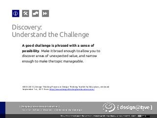 { Designing Interactions: Introduction }
Youareat: Collect » Discovery » Understand the Challenge
A good challenge is phrased with a sense of
possibility. Make it broad enough to allow you to
discover areas of unexpected value, and narrow
enough to make the topic manageable.
Discovery:
Understand the Challenge
IDEO (2011), Design Thinking Process in Design Thinking Toolkit for Educators, retrieved
September 1st , 2011 from http://www.designthinkingforeducators.com/
 