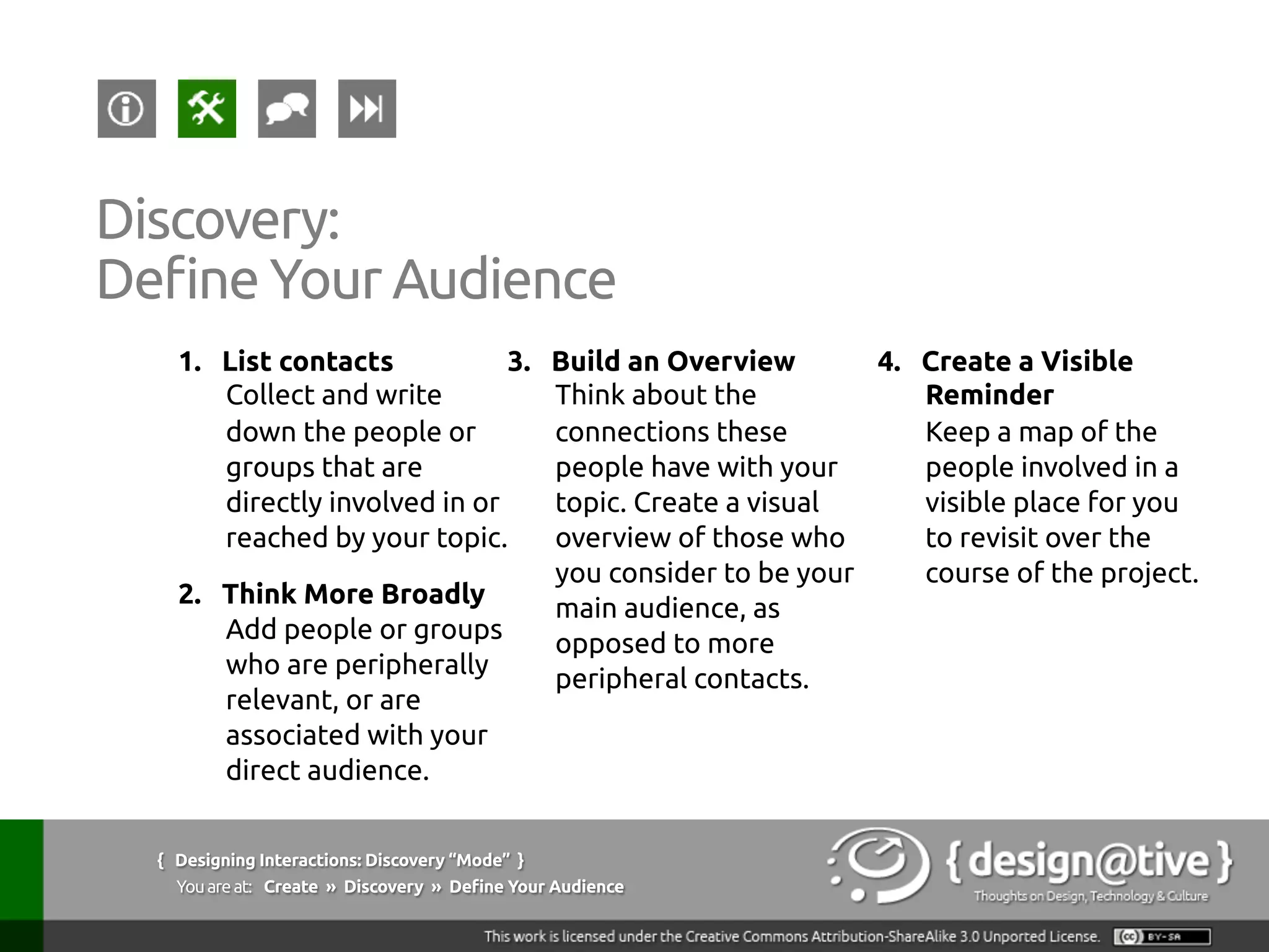 { Designing Interactions: Discovery “Mode” }
Youareat: Collect » Ethnography » How we know what to design
Ethnography:
How we know what to design?
Kolko, J. (2008), INF385T | Information Design Studio, Lecture 4: Ethnography, Contextual
Inquiry, and Contextual Design, UT Austin: School of Information
All ethnographic techniques attempt to understand
and document user behavior:
What People Do?
Why they Do it?
 