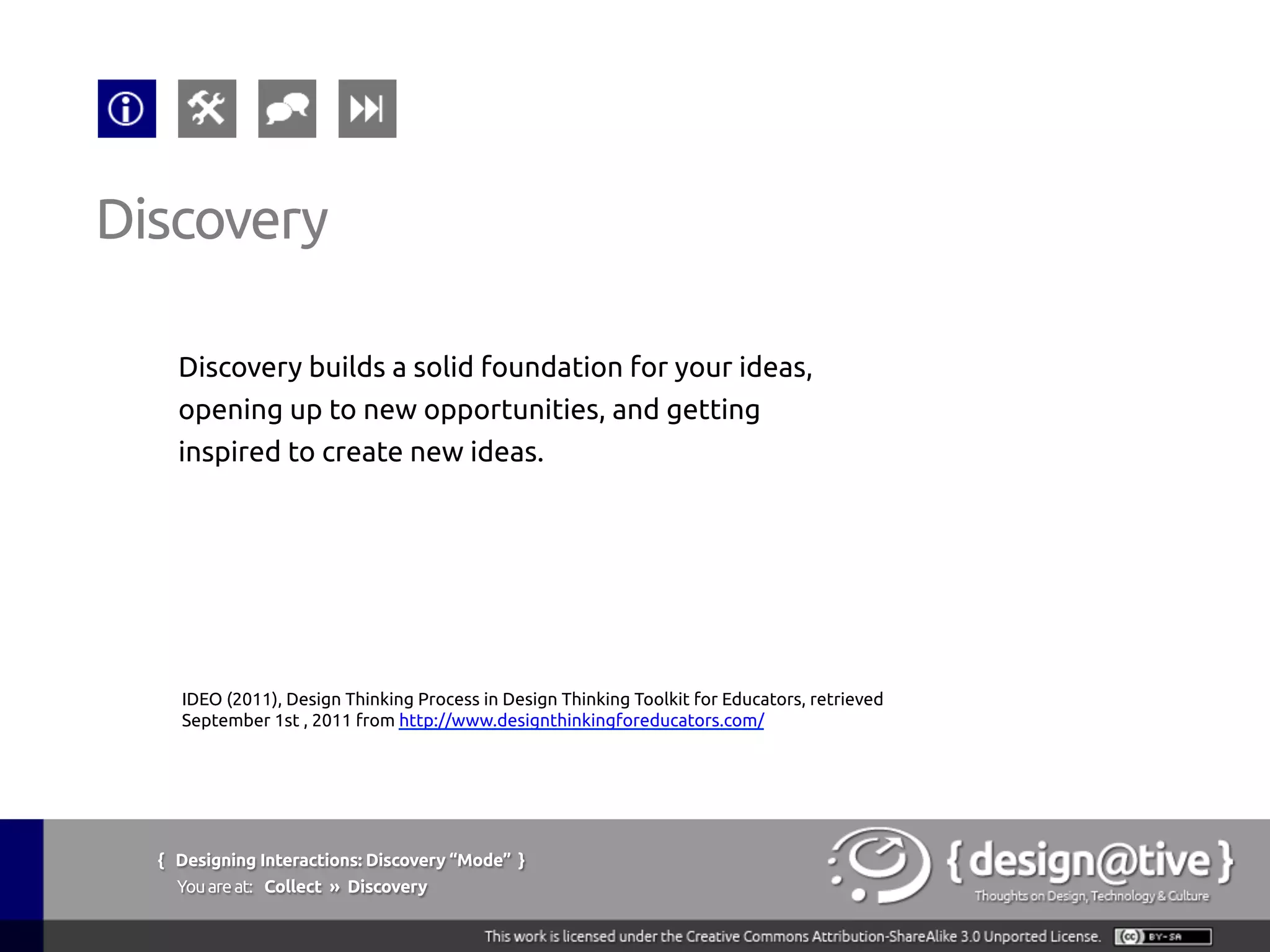 { Designing Interactions: Discovery “Mode” }
Youareat: Collect » Discovery
Discovery builds a solid foundation for your ideas,
opening up to new opportunities, and getting
inspired to create new ideas.
Discovery
IDEO (2011), Design Thinking Process in Design Thinking Toolkit for Educators, retrieved
September 1st , 2011 from http://www.designthinkingforeducators.com/
 