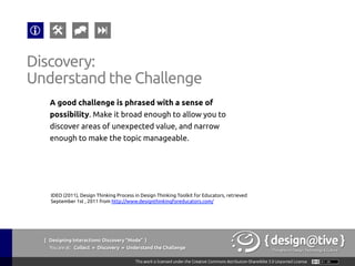 Let’s review what we’ve go so far:
§  A Design Challenge
§  A Definition of Your Audience
§  A list of Assumptions
§  A list of Research Questions
{ Designing Interactions: Discovery “Mode” }
Youareat: Relate » Discovery » Prepare for Research
Discovery:
Prepare for Research
 