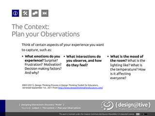 { Designing Interactions: Discovery “Mode” }
Youareat: Collect » Plan your Observations » Be Prepared
Plan your Observations:
Build a Questionnaire
Be Prepared!
 