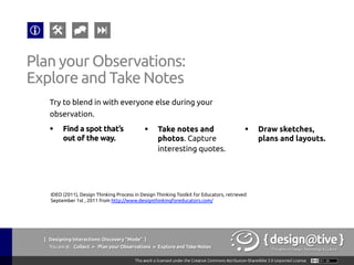 { Designing Interactions: Discovery “Mode” }
Youareat: Collect » Explore and Take Notes » What to Collect
Explore and Take Notes:
What to Collect
The tools they use. Note whether the tools are be
used as they’re designed or repurposed. How do the
tools interact? What are the brands? What kind of
Post-its they have around their monitor/desk?
Kuniavsky, M. (2003), Observing the User Experience, Morgan Kaufmann; 1 edition
(April 22, 2003)
 