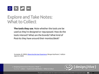 { Designing Interactions: Discovery “Mode” }
Youareat: Collect » Explore and Take Notes » What to Collect
Explore and Take Notes:
What to Collect
The sequences in which actions occur. The order of
action is important in terms of their understanding
about the task. Is there a set order that’s dictated by
the tools or by office culture? When does the order
matter?
Kuniavsky, M. (2003), Observing the User Experience, Morgan Kaufmann; 1 edition
(April 22, 2003)
 