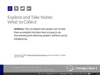 { Designing Interactions: Discovery “Mode” }
Youareat: Collect » Explore and Take Notes » What to Collect
Explore and Take Notes:
What to Collect
Artifacts. The non-digital tools people user to help
them accomplish the tasks they’re trying to do.
Documenting and collecting people’s artifacts can be
enlightening.
Kuniavsky, M. (2003), Observing the User Experience, Morgan Kaufmann; 1 edition
(April 22, 2003)
 