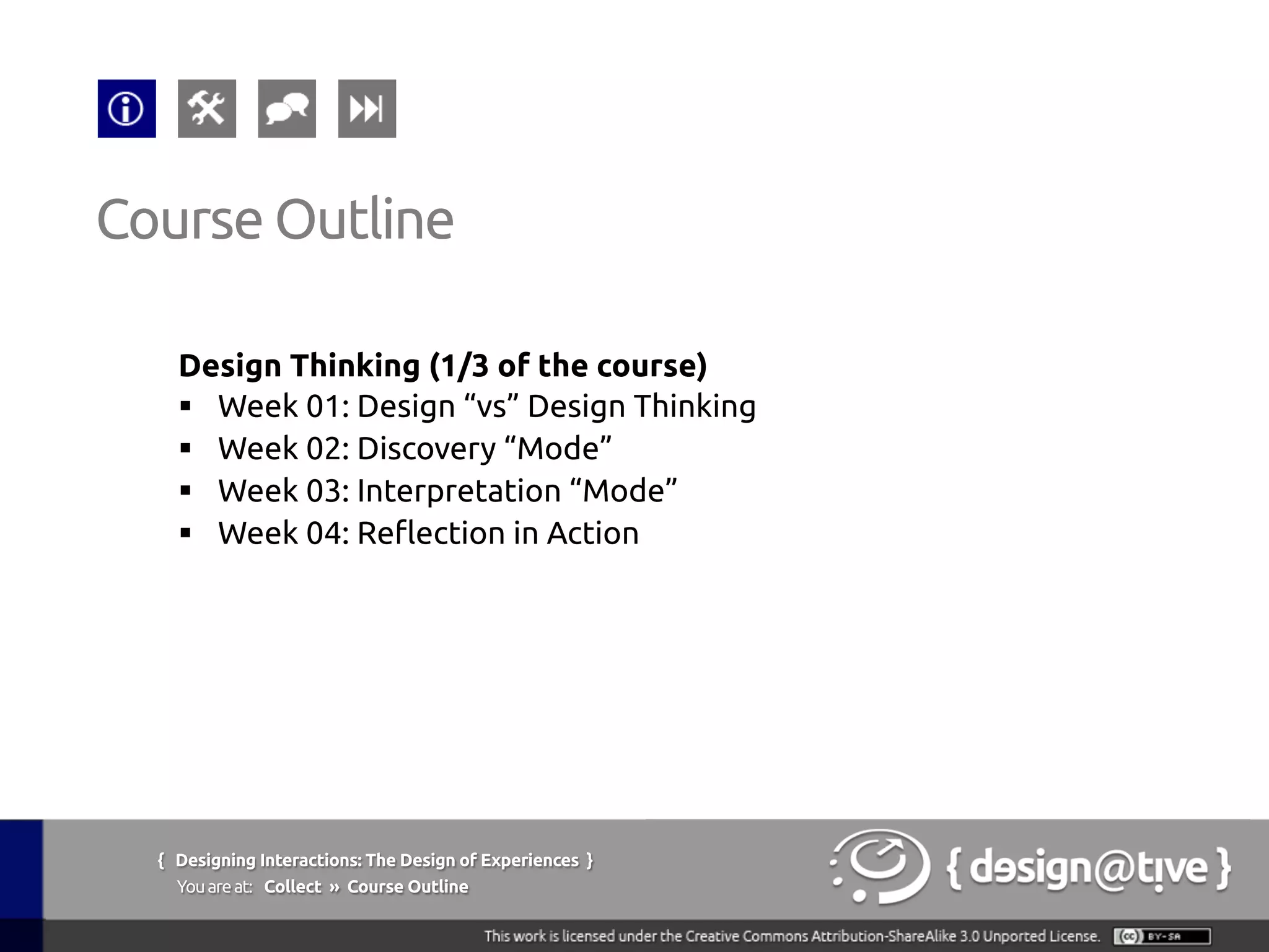 { Designing Interactions: The Design of Experiences }
Youareat: Collect » Course Outline	
Design Thinking (1/3 of the course)	
§  Week 01: Design “vs” Design Thinking	
§  Week 02: Discovery “Mode”	
§  Week 03: Interpretation “Mode”	
§  Week 04: Reflection in Action	
Course Outline	
 