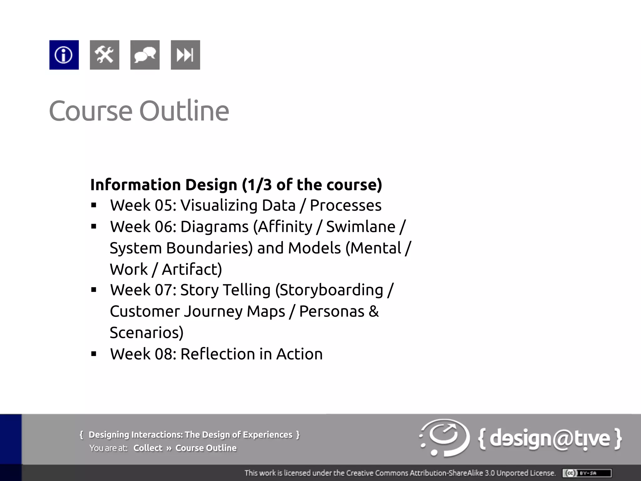 { Designing Interactions: The Design of Experiences }
Youareat: Collect » Course Outline	
Information Design (1/3 of the course)	
§  Week 05: Visualizing Data / Processes	
§  Week 06: Diagrams (Affinity / Swimlane /
System Boundaries) and Models (Mental /
Work / Artifact)	
§  Week 07: Story Telling (Storyboarding /
Customer Journey Maps / Personas &
Scenarios)	
§  Week 08: Reflection in Action	
Course Outline	
 